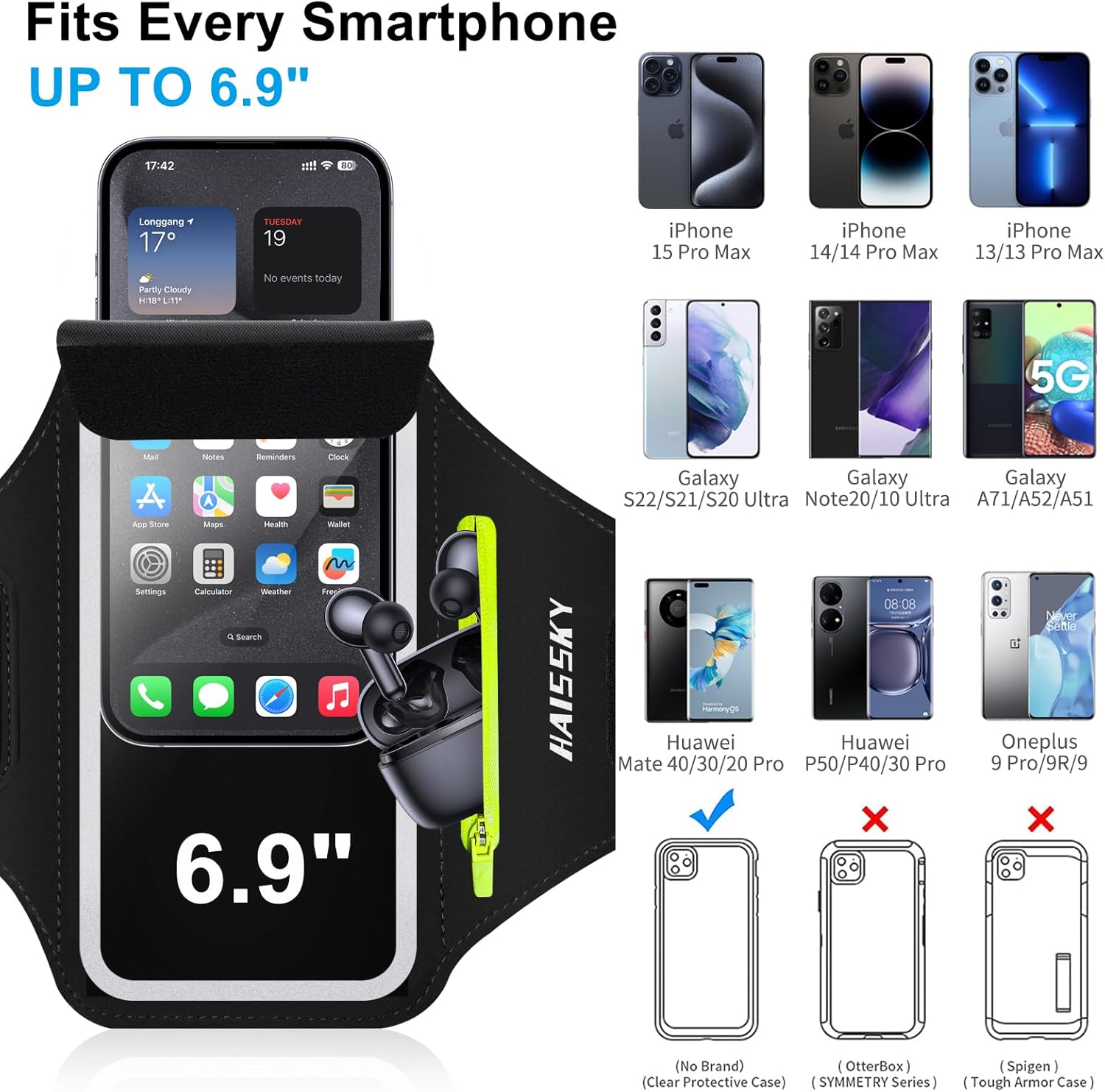 Cell Phone Running Armband with Zipper Pocket Armband Case Running Holder for iPhone 16 Pro Max/15/14 Pro Max/13/12 /11 Pro Max/XS/XR,Galaxy S20 S10,Sweatproof Arm Band with Card/Key Bag