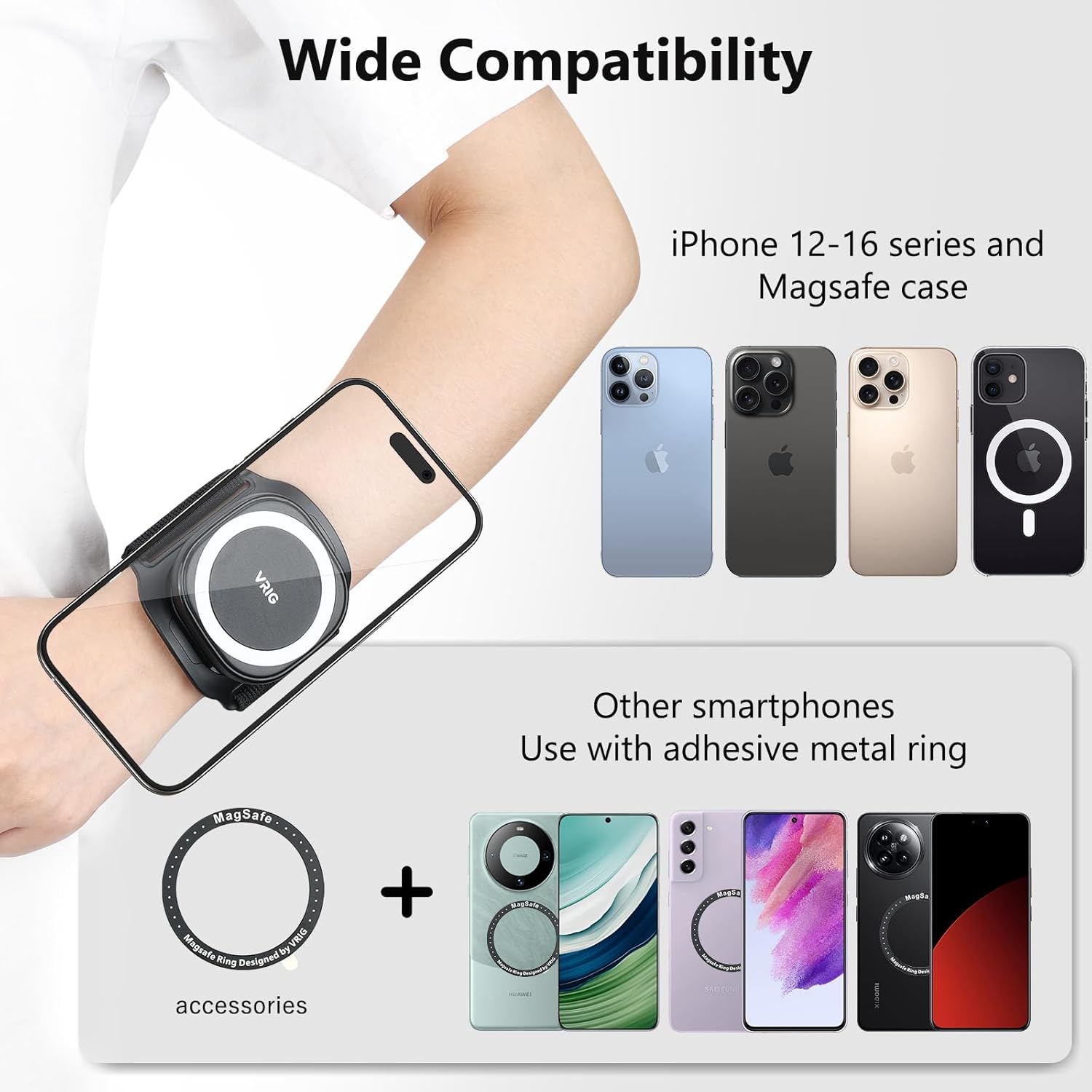 VRIG 360 Rotatable Magnetic Wristband Phone Holder, Armband Cell Phone Holder, Magnetic Phone Holder, Compatible with magsafe iPhone 16 15 14 13 12 Pro Max Plus Mini