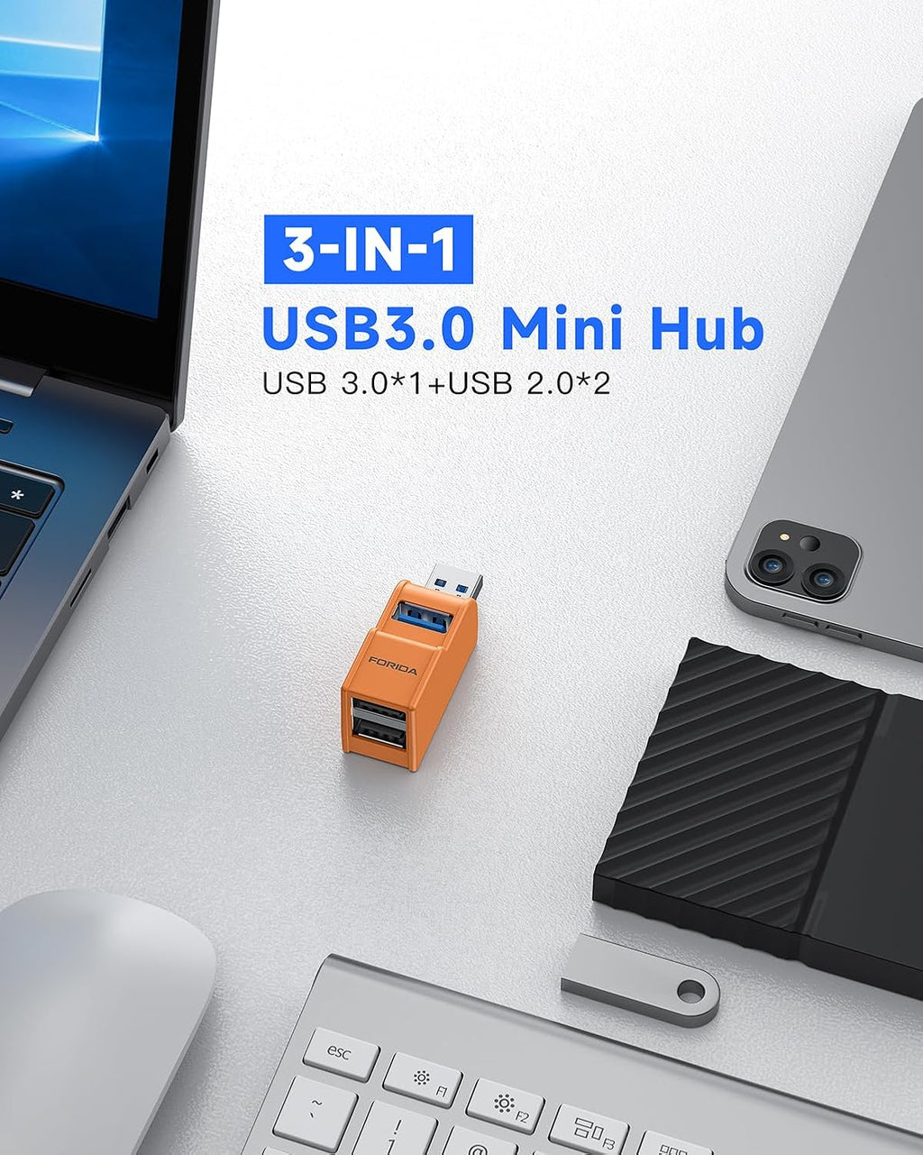 FORIDA 3 Ports USB 3.0 Adapter, USB Hub with 1 USB 3.0 and 2 USB 2.0 Ports, Portable USB Port Splitter for Keyboard, Mobile Hard Disk, U Disk, Camera, Mouse, etc (Orange)