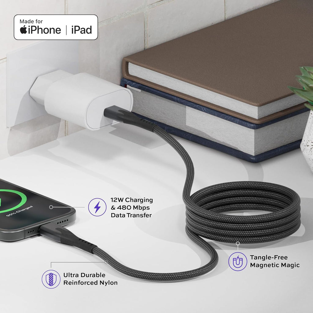Statik MagStack USB A to Lightning Cable MFi Certified, Clutter-Free Magnetic Charging Cable, Anti-Tangle Phone Charger Cord, 12W, Compatible with iPhone 14 Pro Max, 13 12 11, 6FT/2M