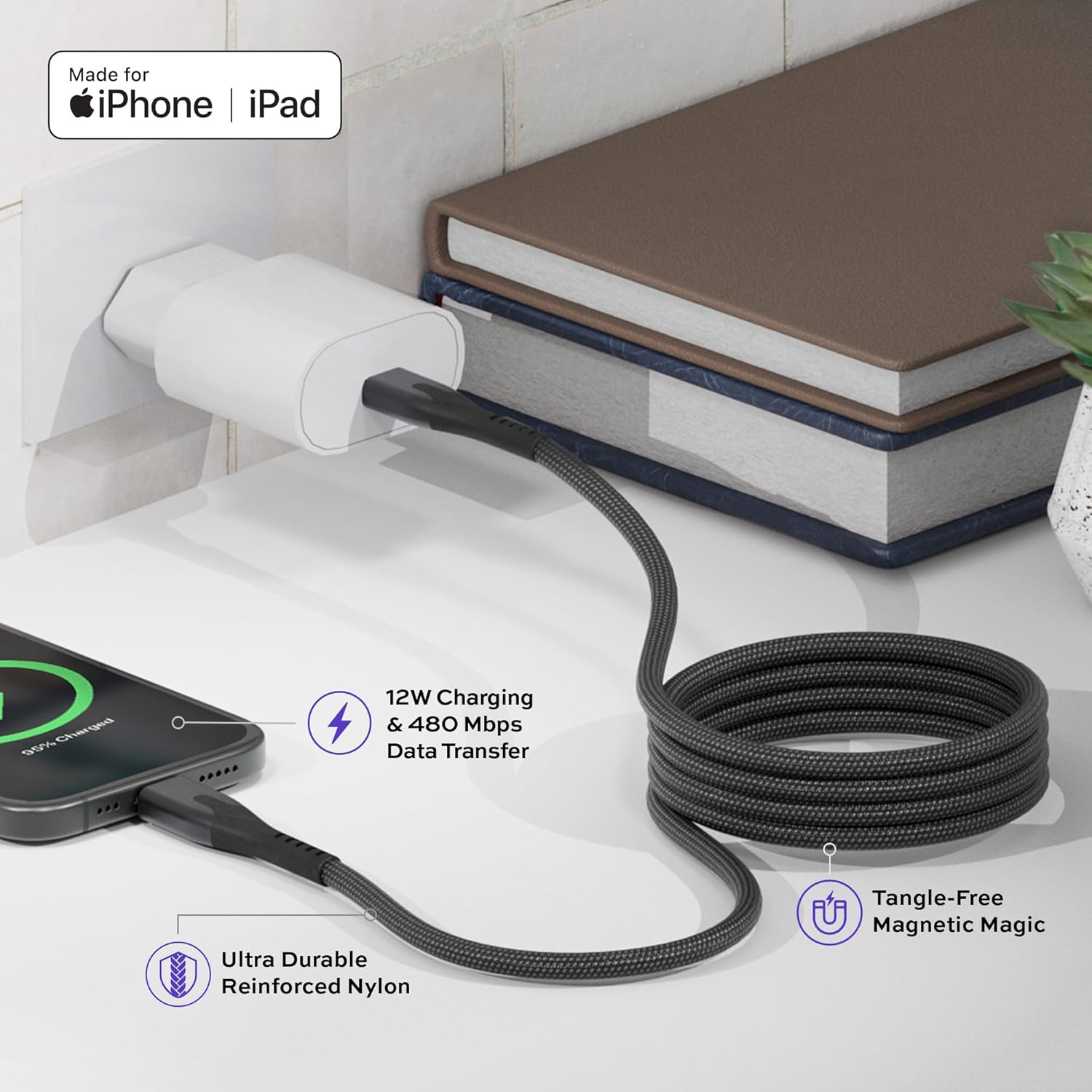 Statik MagStack USB A to Lightning Cable MFi Certified, Clutter-Free Magnetic Charging Cable, Anti-Tangle Phone Charger Cord, 12W, Compatible with iPhone 14 Pro Max, 13 12 11, 6FT/2M