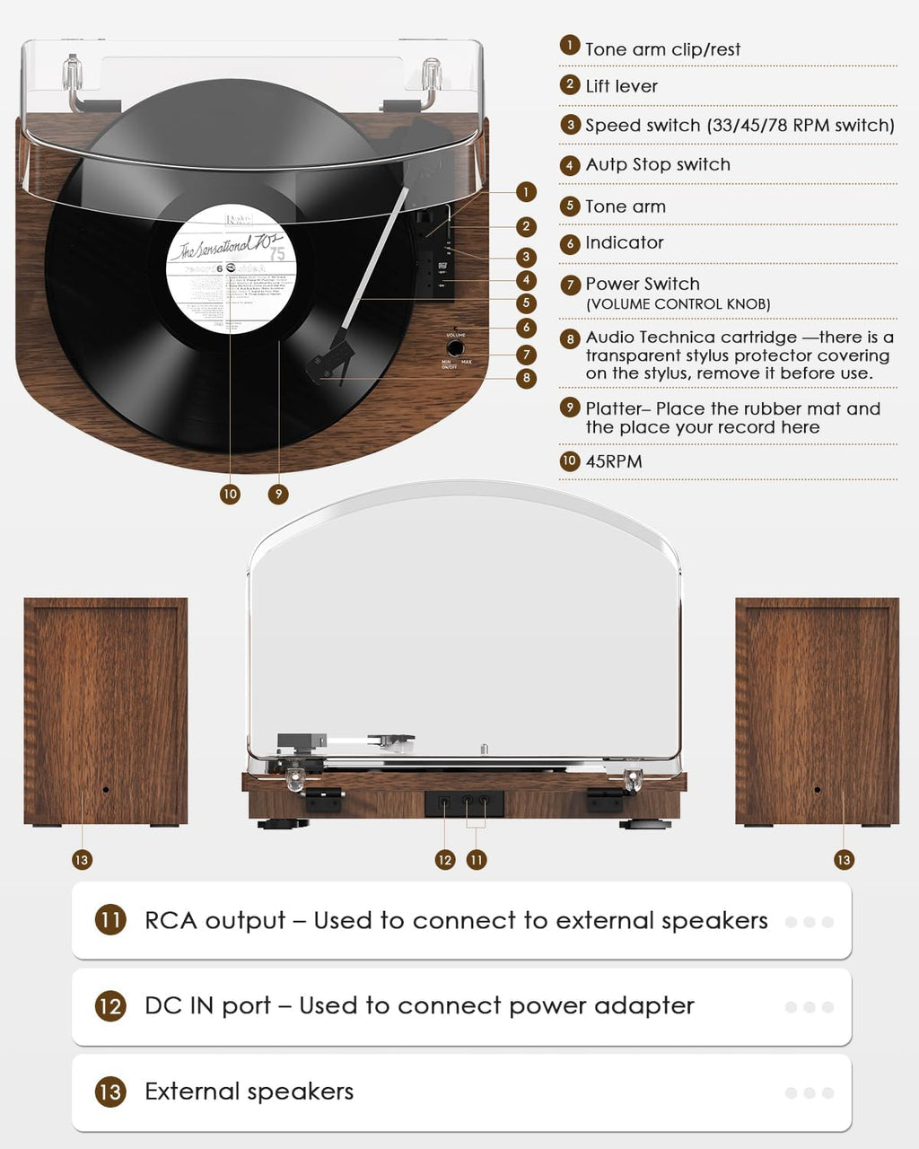 Vinyl Record Player with Dual Stereo Speakers, Belt Drive Turntable with Bluetooth Input 3 Speed Playback AT-3600L Cartridge RCA Out Vintage Turntable