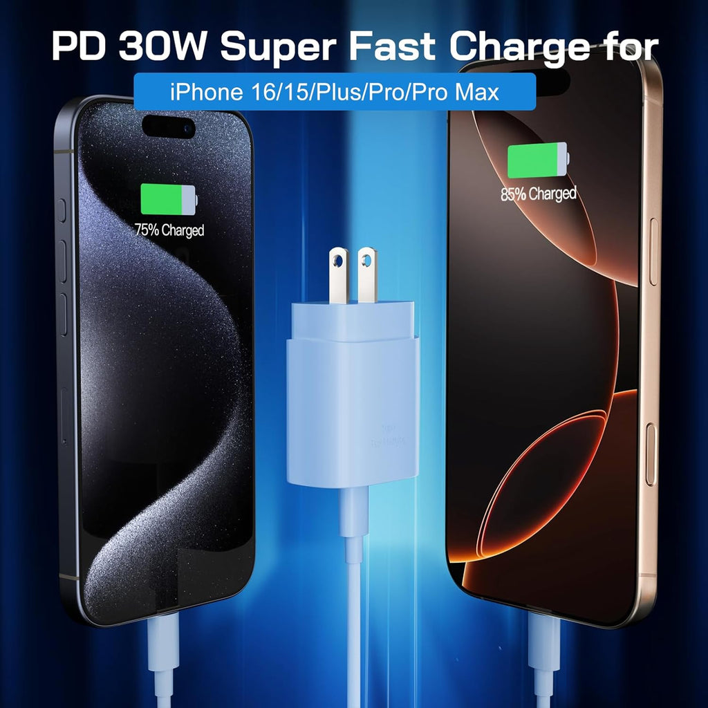 30W USB C i Phone 16 15 Charger Fast Charging, 2PACK Wall Charger for iPhone 16 15 Pro Max Charger Cord 6.6FT Fast Type C Charger Block for iPhone 16/16 Pro/15 Plus/15 Pro/15 Pro Max, iPad Pro, Blue