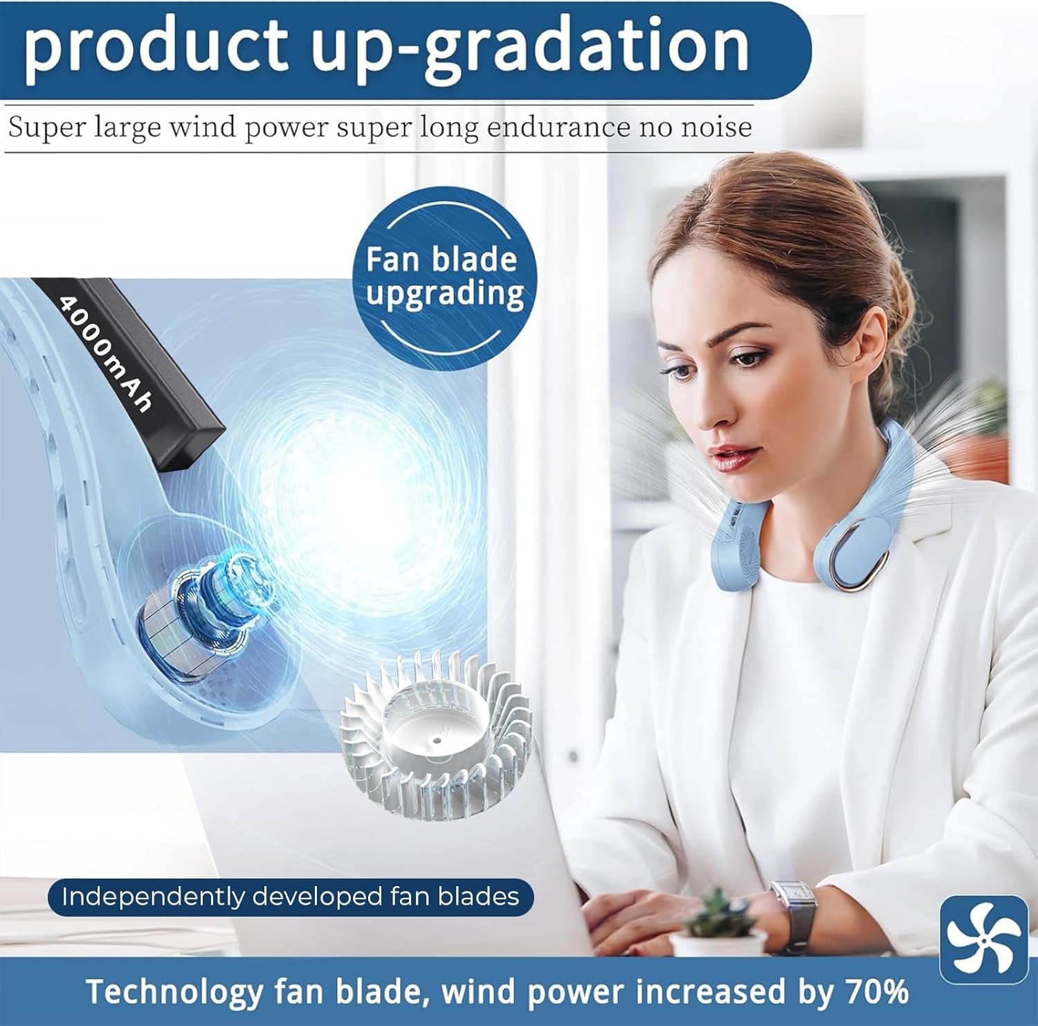 Neck Fan, Bladeless Neck Fan, USB Rechargeable Personal Fan, 4000 mAh Battery Operated Wearable Fan, 3 Speeds Adjustable,Faster Cooling, Ultra Quiet, Suitable for Home, Office, Travel, Sports