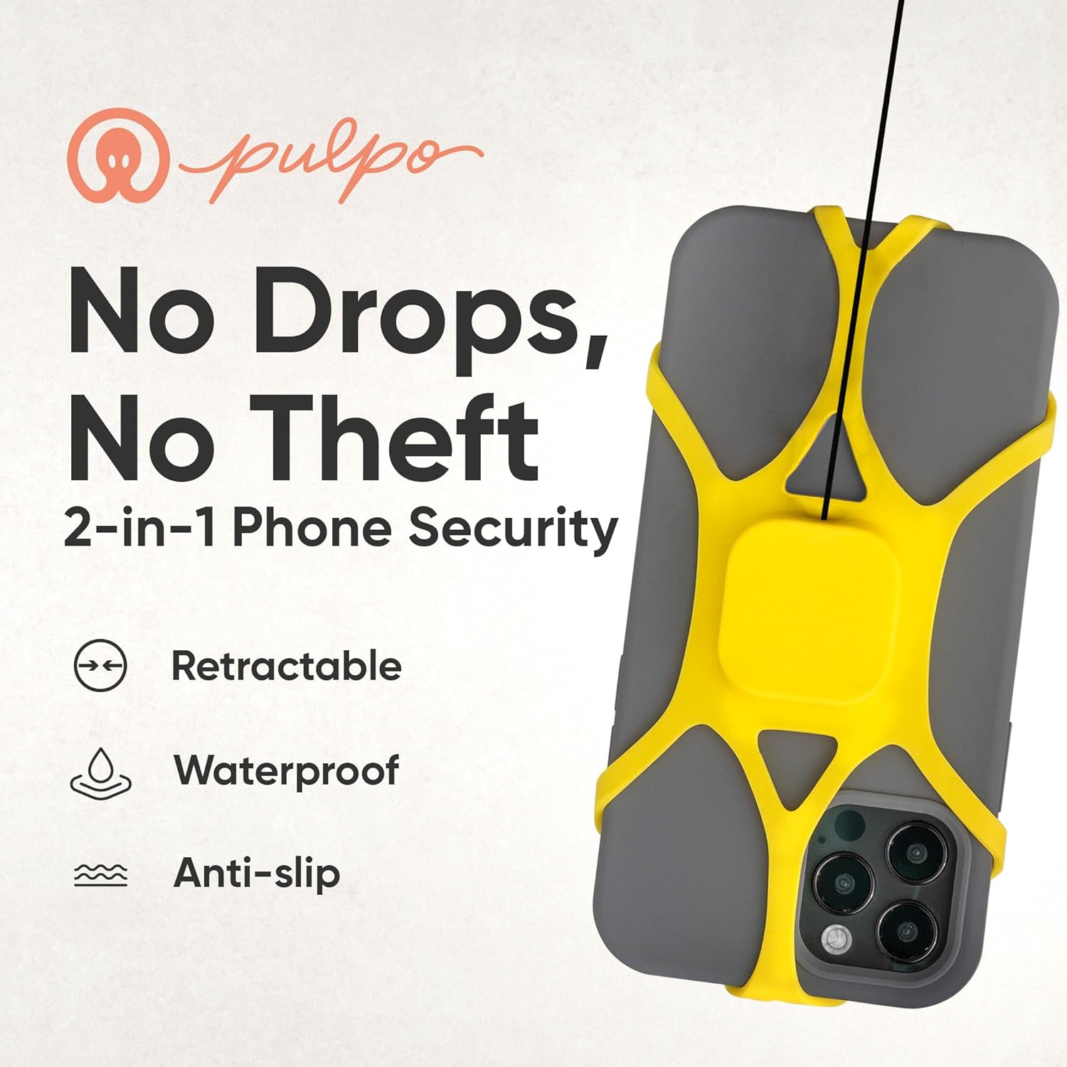 Pulpo Phone Leash Lightning Yellow Fits Smartphones Up to 6.8"-Retractable Anti Theft Phone Tether for Skiing & Kayak Tether, Pickpocket Proof Cellphone Lanyard,Anti-Theft Cellphone Leash for Festival