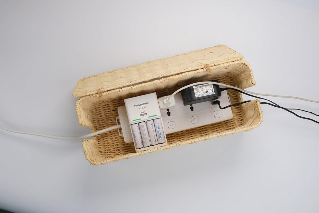 PEMAR Natural Rattan Wicker Cable Management Box, Cable Organizer, 2 Open Slots, Under Desk Cord Organizer, Cover & Hide Power Strips for TV Desk, Computer, Router, USB Hub (Bright Natural Color)