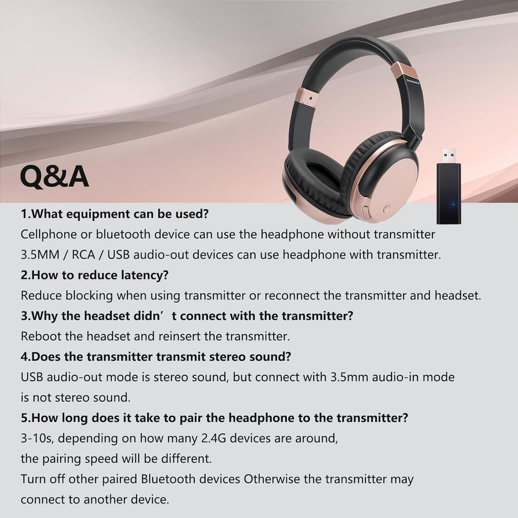 Bluetooth Wireless Over Ear Light Weight Headphone with Low Latency USB Transmitter for TV,PC,3.5mm Audio Device, Stereo Wireless Headset Built-in Microphone for Cell Phone (Rose Gold)