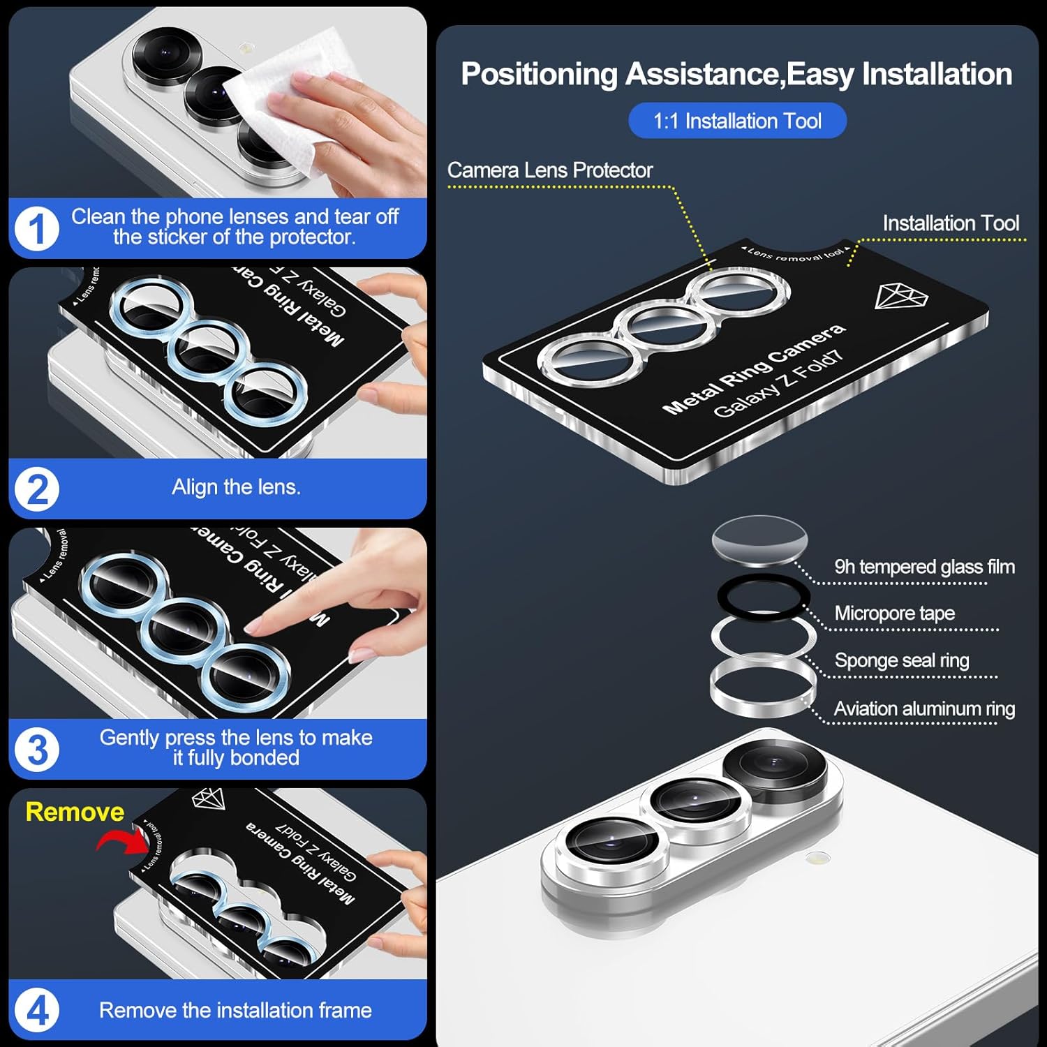 for Samsung Galaxy Z Fold 7 Camera Lens Protector, Individual Metal Ring Tempered Glass Lens Cover, [Strong Adsorption] Scratch Resistant Ultra-Thin HD Clear Lens Cover, 1 Set-Silver