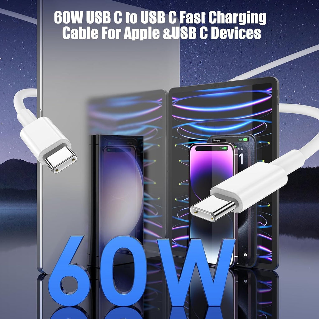 3-Pack [1FT+3.3FT+6.6FT] 60W USB C to USB C Cable, Type C Fast Charging Cable for iPhone 16 15 Pro Plus Pro Max，for Galaxy S24 S23, for iPad Pro/Air, for MacBook Pro/Air and More