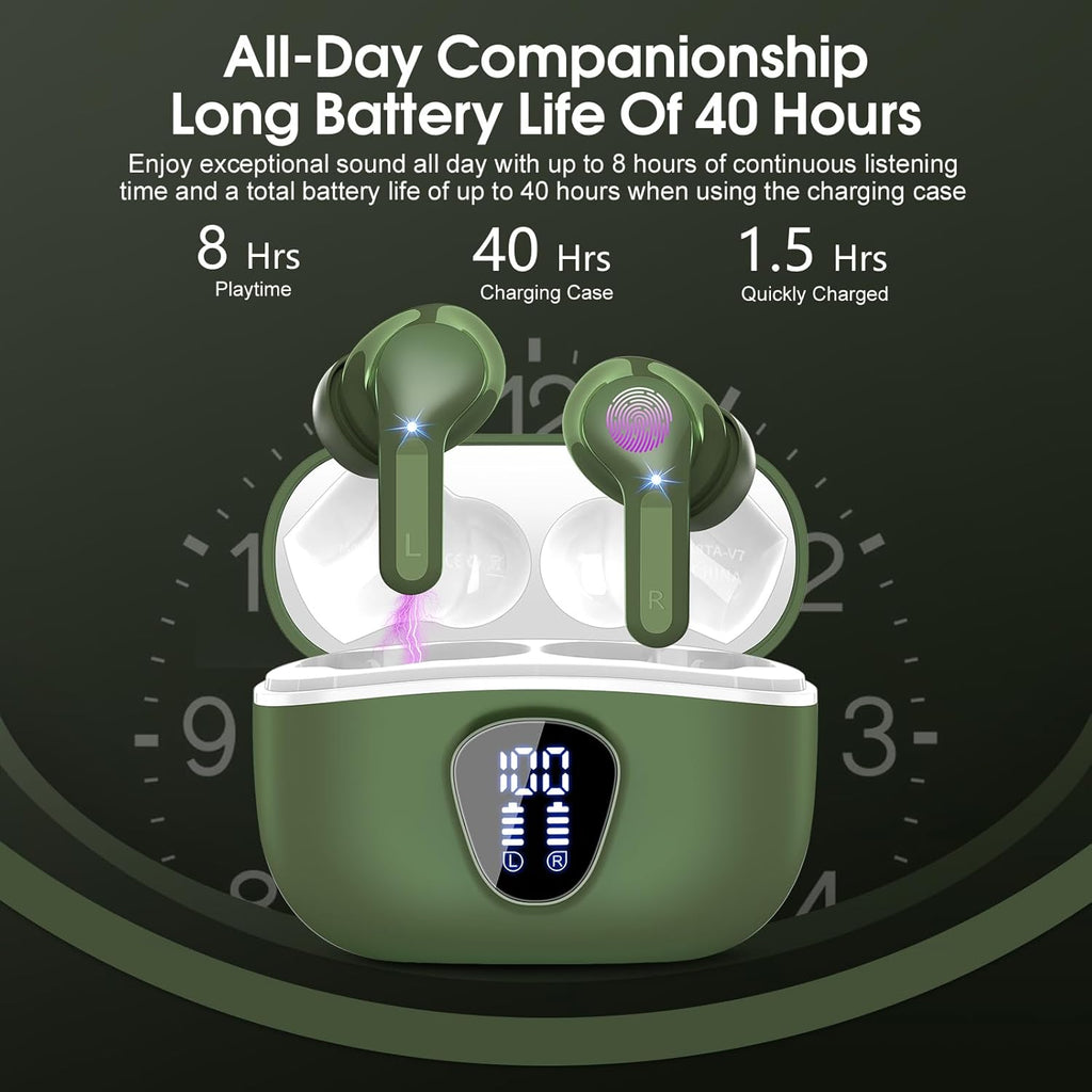 Wireless Earbuds, Bluetooth 5.4 Headphones HiFi Stereo, Bluetooth Earbuds with ENC Noise Cancelling Mic, IP7 Waterproof in Ear Earphones, 48H, LED Display Ear buds for Pad Workout Sports, Retro Green