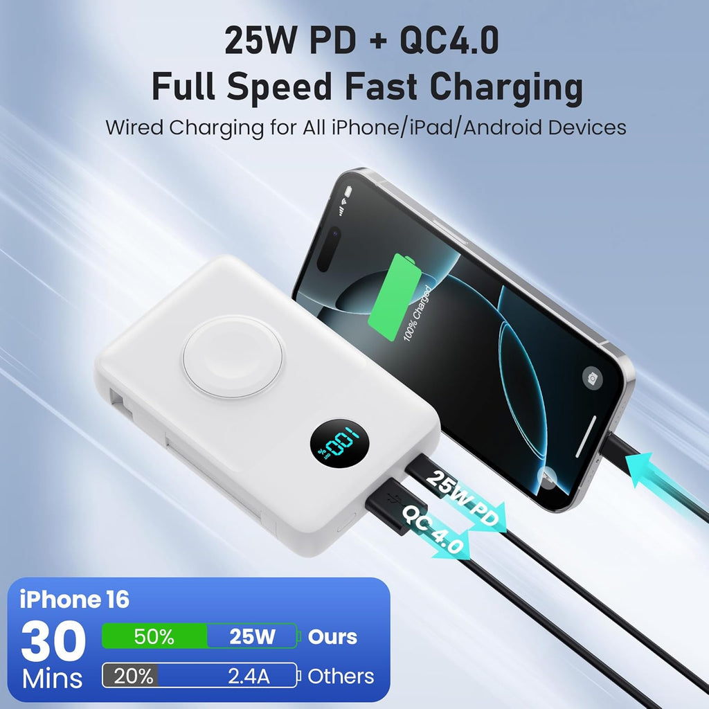 Magnetic Portable Charger for iPhone with Built-in Cables, 6-in-1 10800mAh Power Bank with iWatch Charger & LCD Display,25W Fast Charging Battery Pack for iPhone 16/15/14/13/12,Apple Watch (White)
