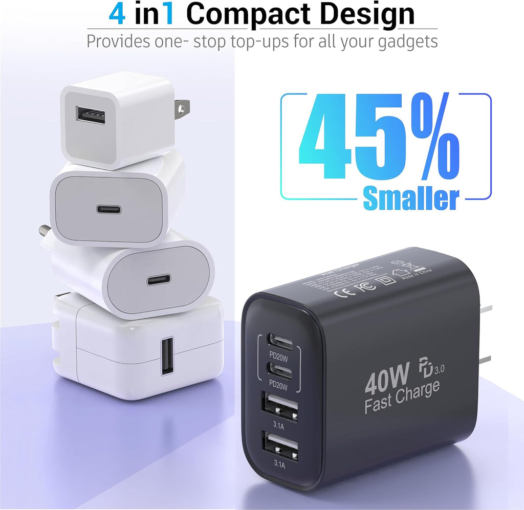 USB C Block 40W, 4 Ports Wall Plug Fast Charging Block, PD+QC Multiport Power Adapter USB C Charger Type C for iPhone 16,15,14,13,12,11, Pro Max, X, Xr, Xs, 8, 7, Watch, Galaxy Phones-Black 1Pack