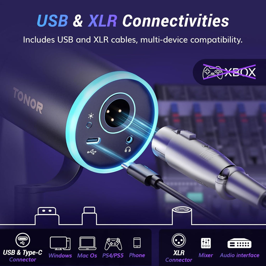 TONOR Dynamic Microphone, XLR/USB Microphone for Gaming, Streaming, XLR Cardioid Studio Mic with Quick Mute, Headphone Jack, Volume Control, Mic with RGB Lighting and Low Profile Boom Arm, TD520s+