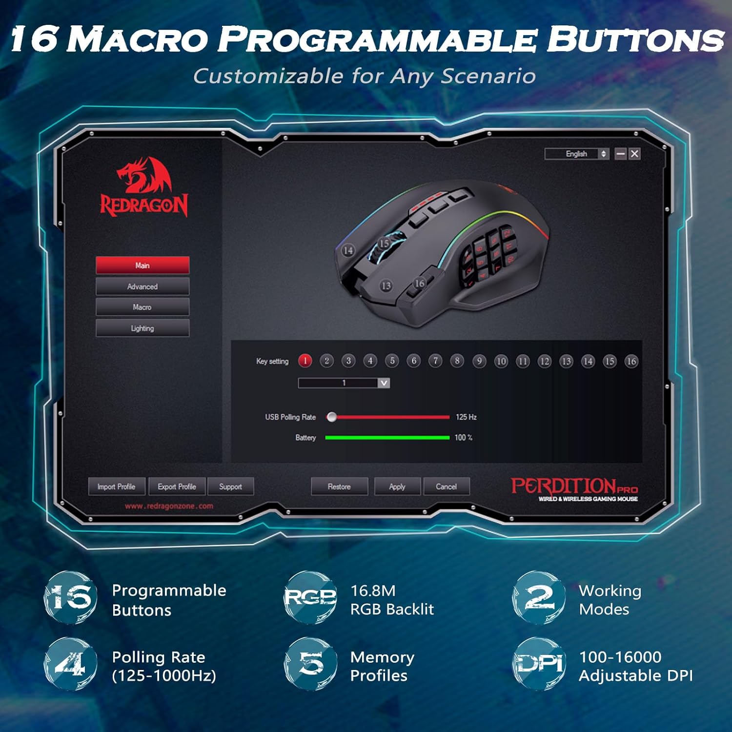 Redragon Wireless Gaming Mouse, MMO Gaming Mouse UP 16,000 DPI, 16 Macro Programmable Buttons, RGB Rechargeable Mouse with 12 Side Buttons, 70Hrs for PC Laptop MOBA FPS, White,M901P-WS