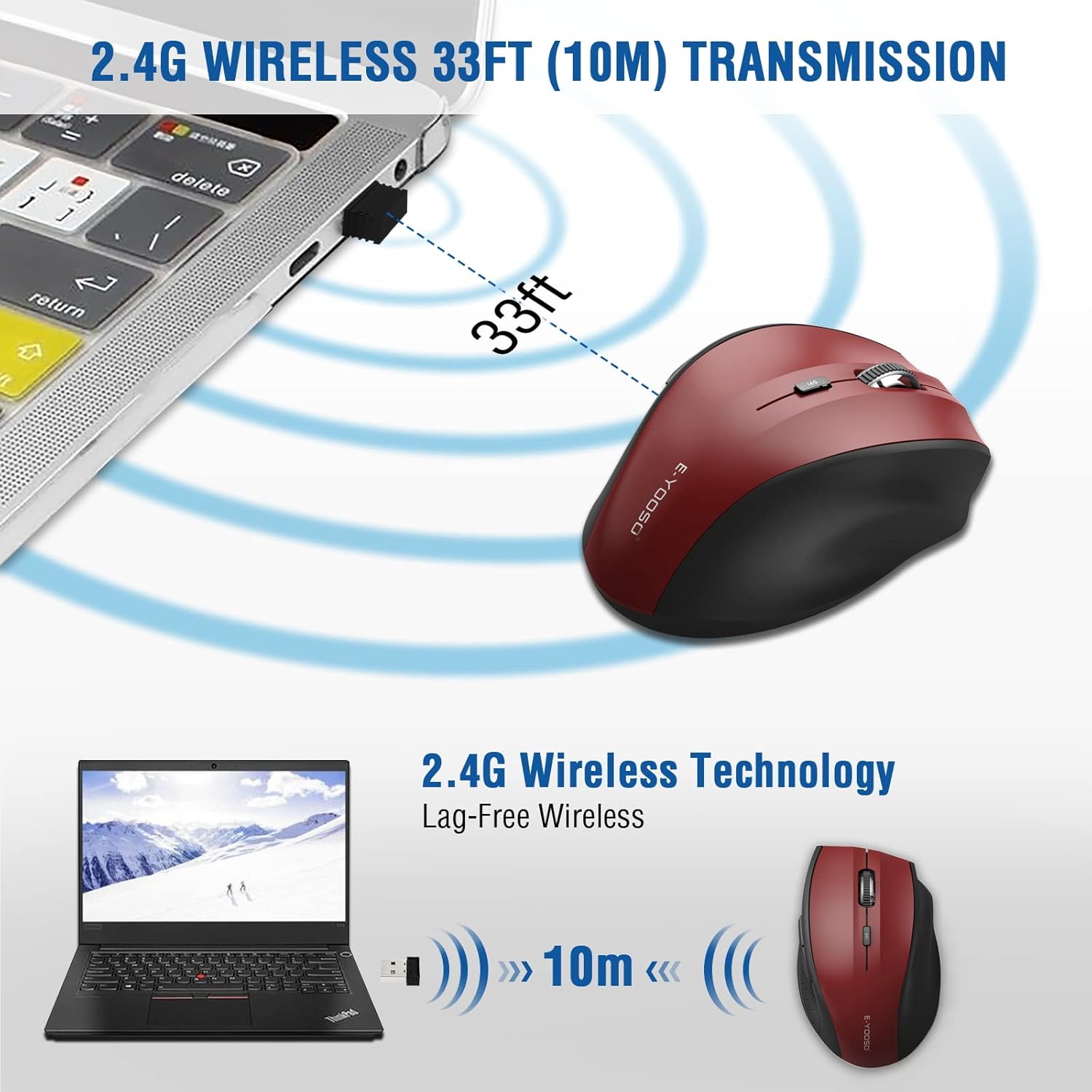 E-YOOSO Wireless Mouse for Laptop, Portable Optical Computer Mouse, 6 Buttons, Cordless 2.4GHz with USB Receiver, 5-Level 4800 DPI, 18 Months Battery Life, for PC, Chromebook, Windows, Mac(Red)