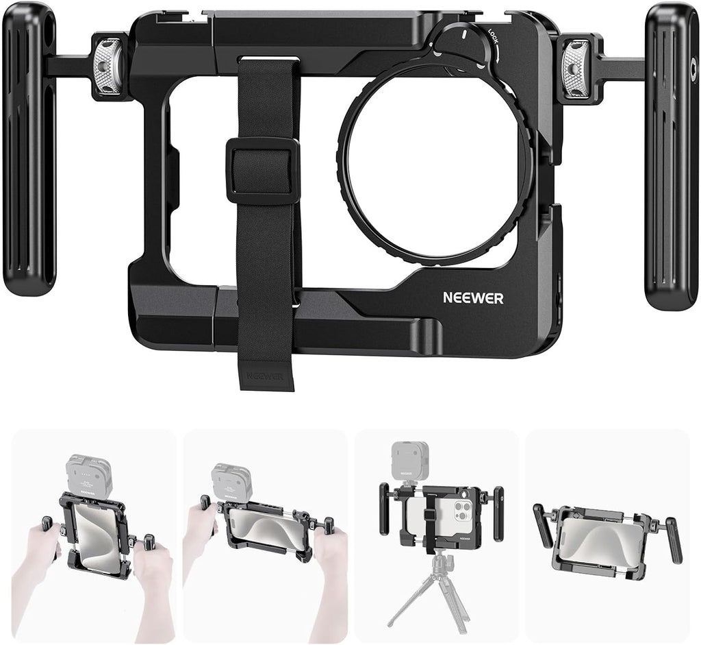 NEEWER Universal Smartphone Video Rig with Handles 67mm Filter Adapter Anti Drop Cold Shoe Compatible with DJI Mic iPhone Samsung Galaxy Android, Phone Cage Stabilizer for Video Recording, PA017