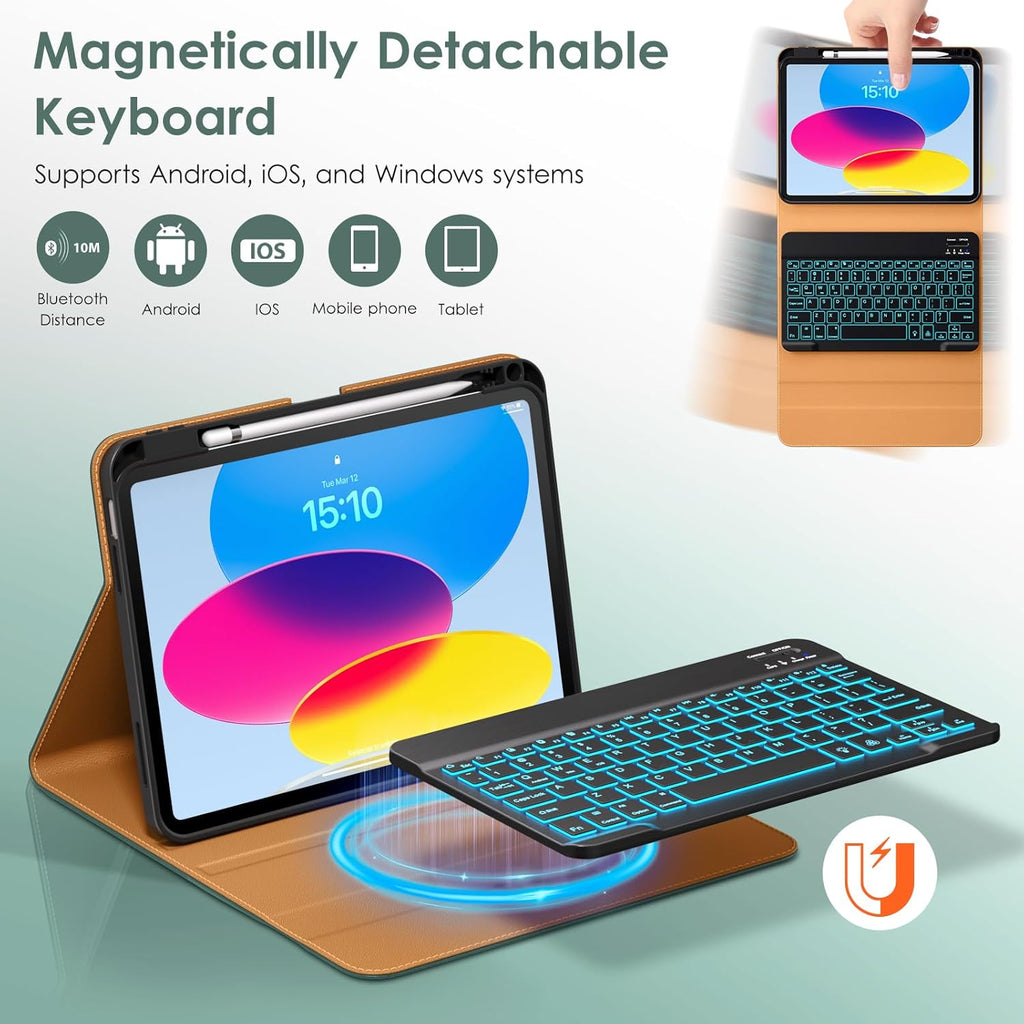 DTTO for iPad 11th (A16,2025)/ 10th Generation (10.9",2022) Case with Keyboard, 7 Colors Backlit Wireless Detachable Keyboard Premium Leather Folio Cover with Pencil Holder & Pocket, Midnight Green