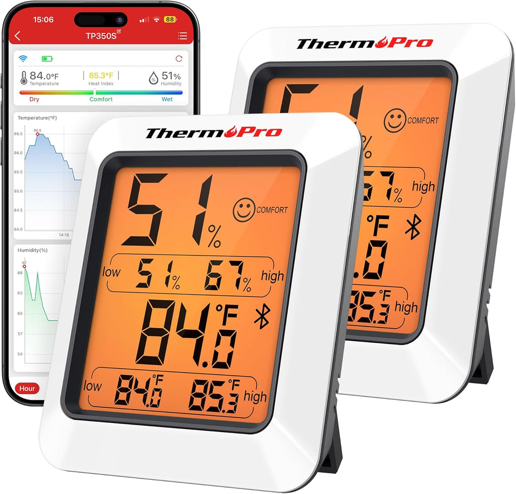 ThermoPro Hygrometer Thermometer for House TP350, Bluetooth Room Indoor Greenhouse Thermometer Monitor Up to 260FT, Backlit Humidity Meter Temperature Sensor with 2-Year Data Export, 2 Pack
