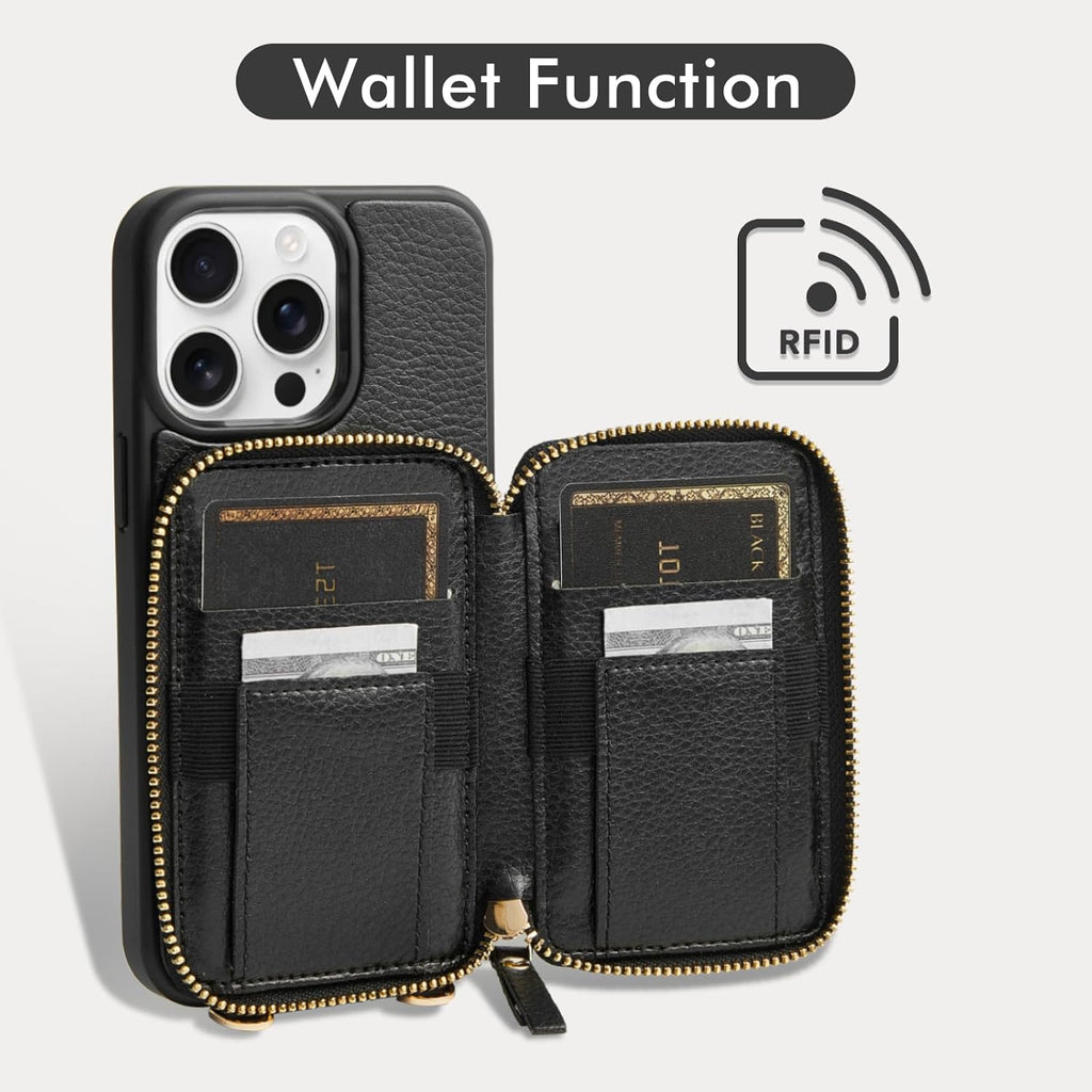 ZVE for iPhone 15 Pro Wallet Case, Crossbody Phone Purse with Card Holder for Women, Zipper Leather RFID Blocking Carrying Cover with Wrist Strap for iPhone 15 Pro 6.1 inch- Black