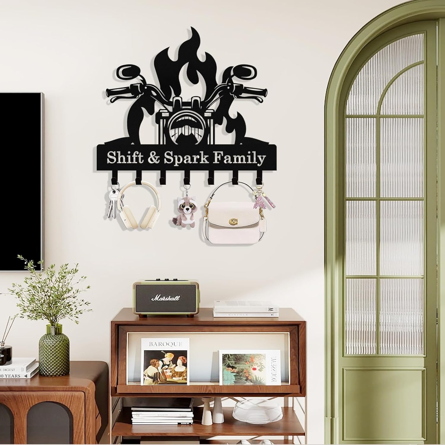 Personalized Flaming Motoclycle Key Holder Wall Mount, Custom Metal Key Rack Key Holder with name, Deer Cabin Wall Keys Hanger with Hooks for Entryway, Front Door, Hallway, Kitchen, Living Room