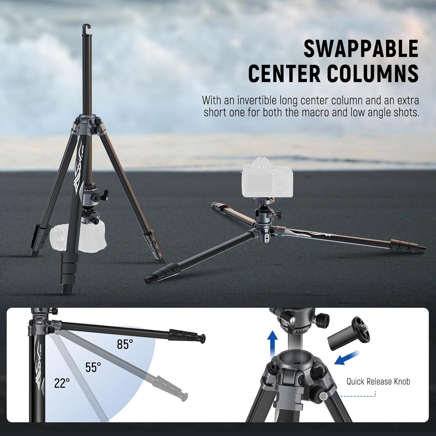 NEEWER LITETRIP LT07 61" Aluminum Travel Tripod for Camera w Pan Tilt Low Profile Ball Head, Arca QR Plate Compatible with Peak Design Tripod Plate V3, Dual Center Axis, Phone Holder, Max Load 22lb