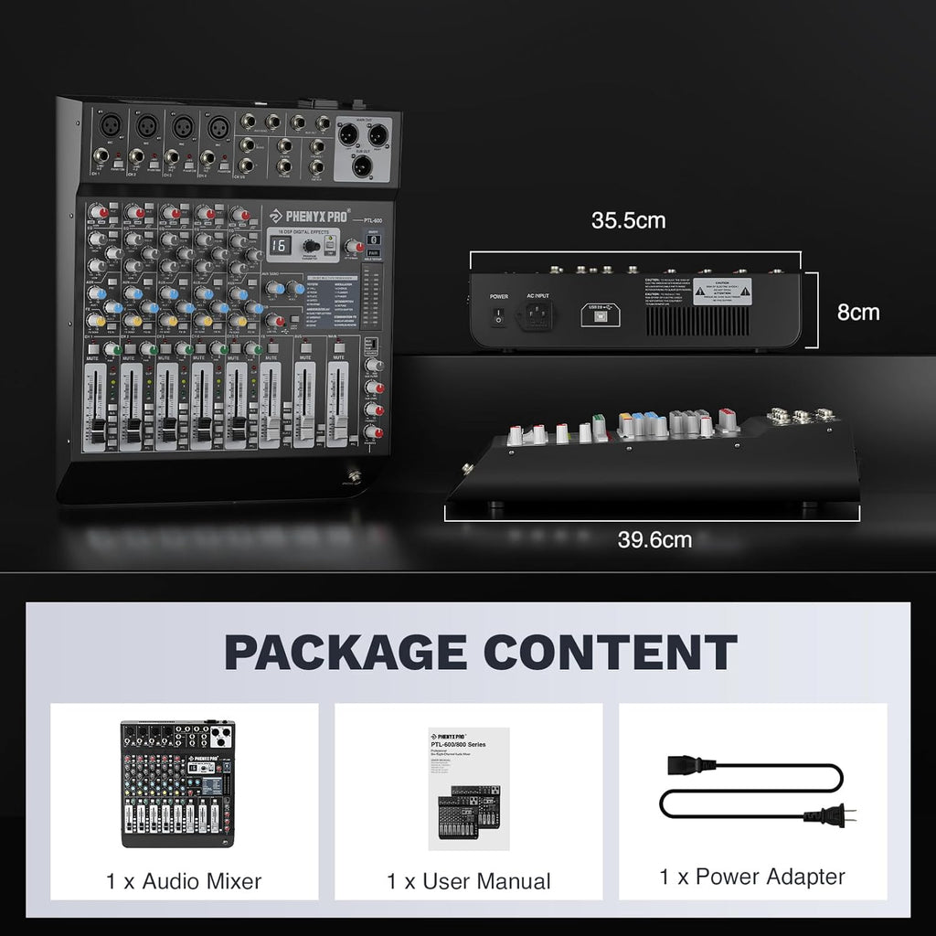 Professional 6-Channel Audio Mixer, Phenyx Pro DJ Sound Mixer Board w/Flexible AUX, BUS, SUB Routing, 16 DSP, BT Streaming & USB-B PC Recording, Mixing Console for Stage, Home Studio (PTL-600)