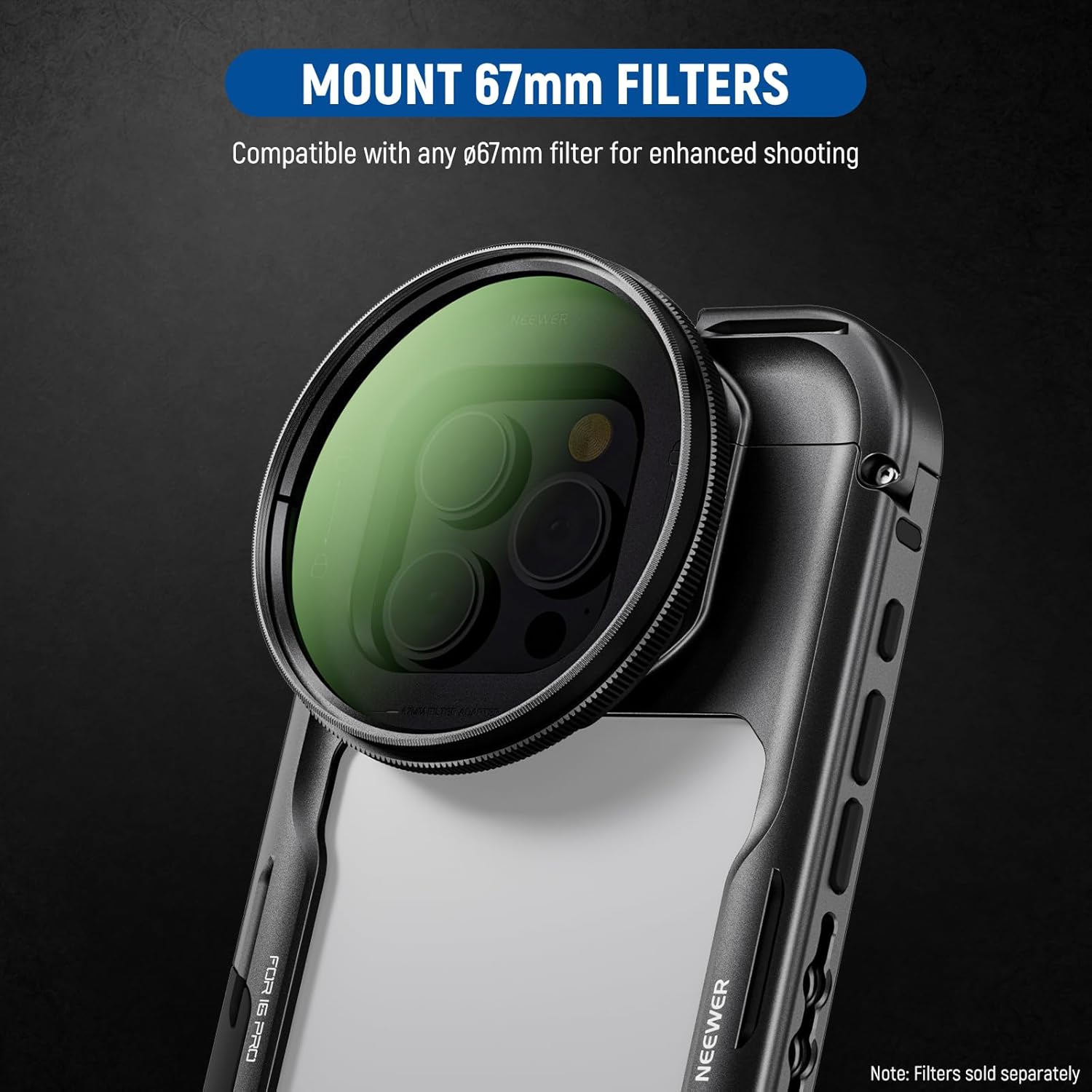 NEEWER 16 Pro Cage, Quick Release Video Rig Phone Stabilizer Compatible with iPhone 16 Pro with Adapters of 67mm Filter, 17mm Lens & T Mount Lens, Full Camera Control Access, PA073