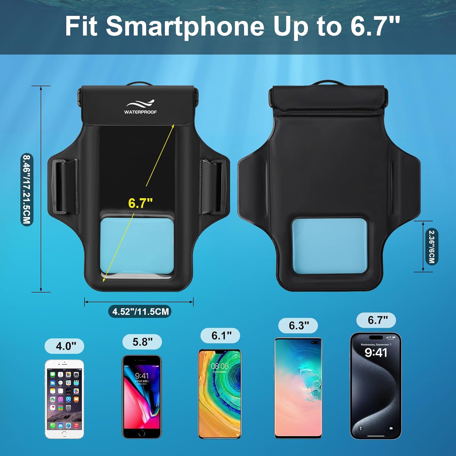 2-in-1 Underwater Waterproof Phone Pouch &Phone Armband for Phones up to 6.7", IPX8 Floating Water Proof Phone Case with Detachable Strap, Dry Bags Waterproof, Beach Vacation Essentials
