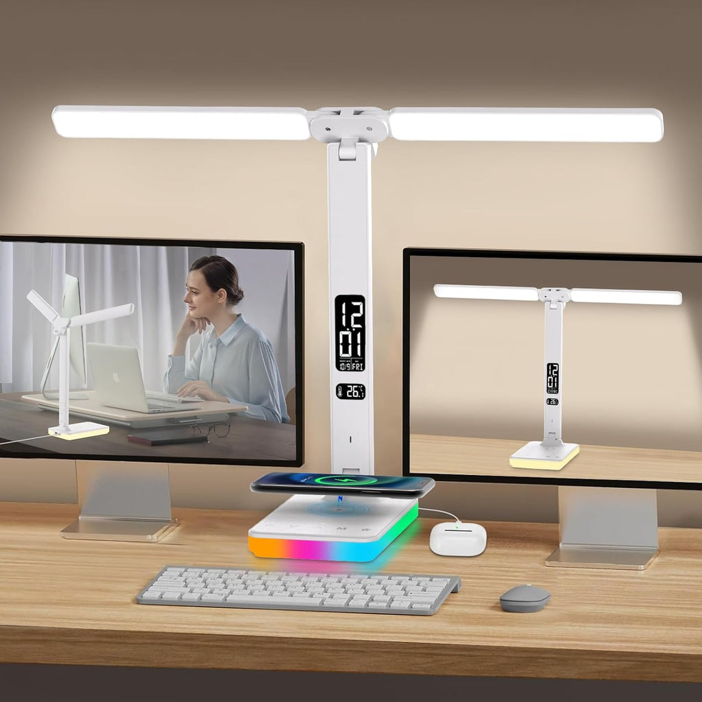 LED Desk Lamp with Charger, USB Charging Port, Dual Swing Arm Desk Light with 5 Brightness, 3 Colors, Table Lamp with Clock, Alarm, Date, Temperature, Desk Lamp for Home Office Study (White)
