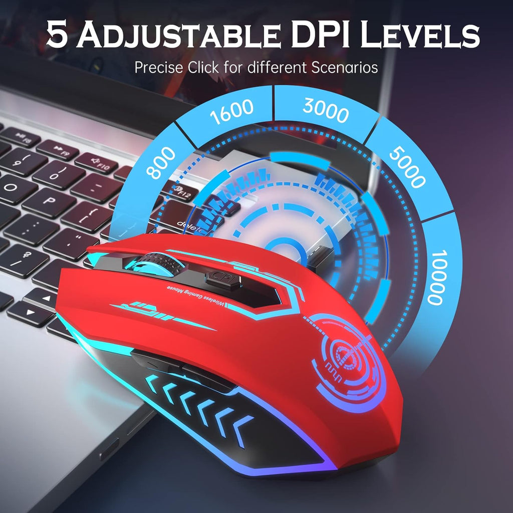 UHURU Gaming Mouse, Wireless Gaming Mouse with 6 Buttons 7 Changeable LED Color up to 10000 DPI, Rechargeable USB Gamer Mouse for PC Laptop (Red)