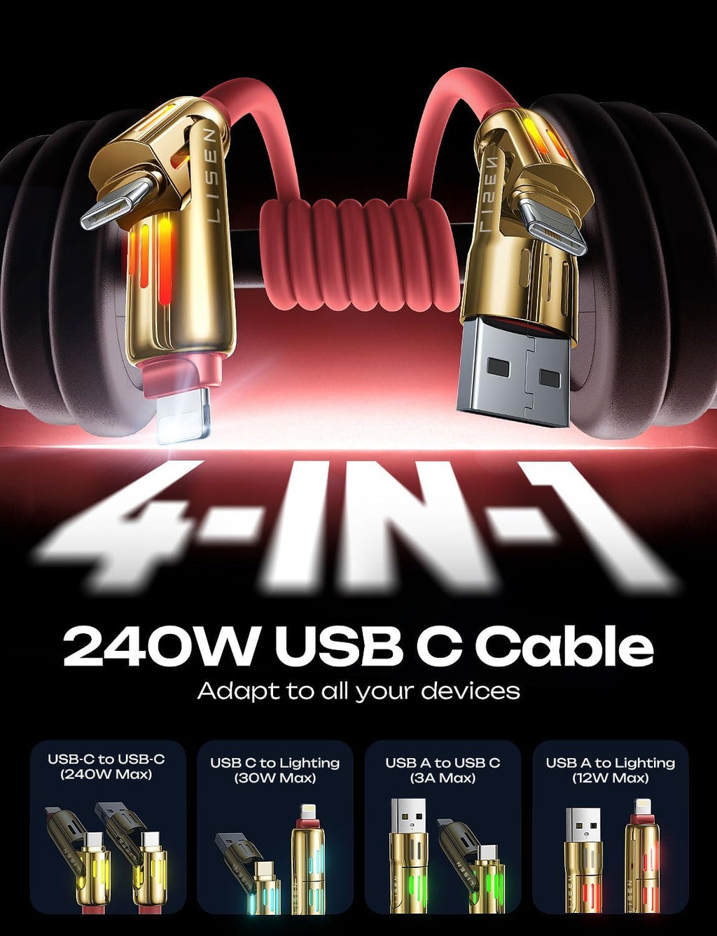 LISEN 240W Chubby USB C to USB C, 4 in 1 Charging Cable (6.6FT) with Light, USB A/C to C/L Multi Charging Cable for iPhone 16 15 14 Pro Max/MacBook/iPad Pro/SamSungS24,Red