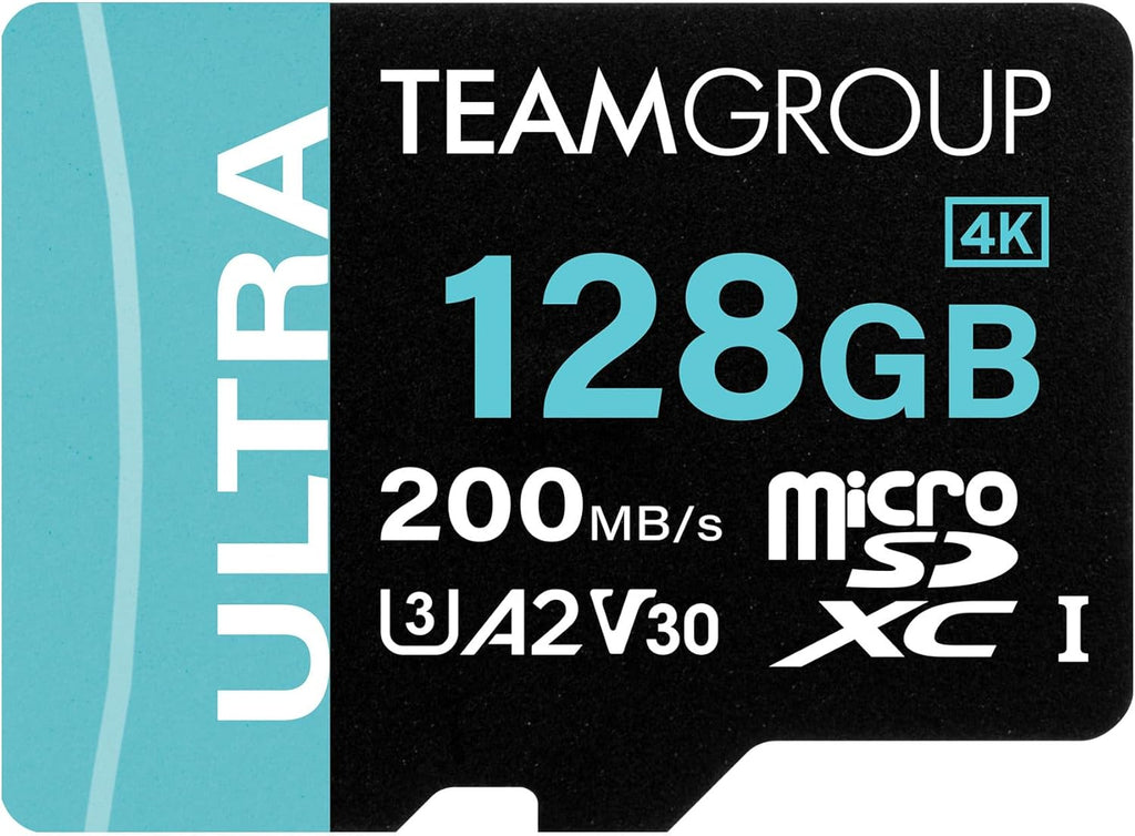 TEAMGROUP A2 Ultra Card 128GB Micro SDXC UHS-I U3 A2 V30, R/W up to 200/80 MB/s with Adapter TULMSDX128GIA2V3022503