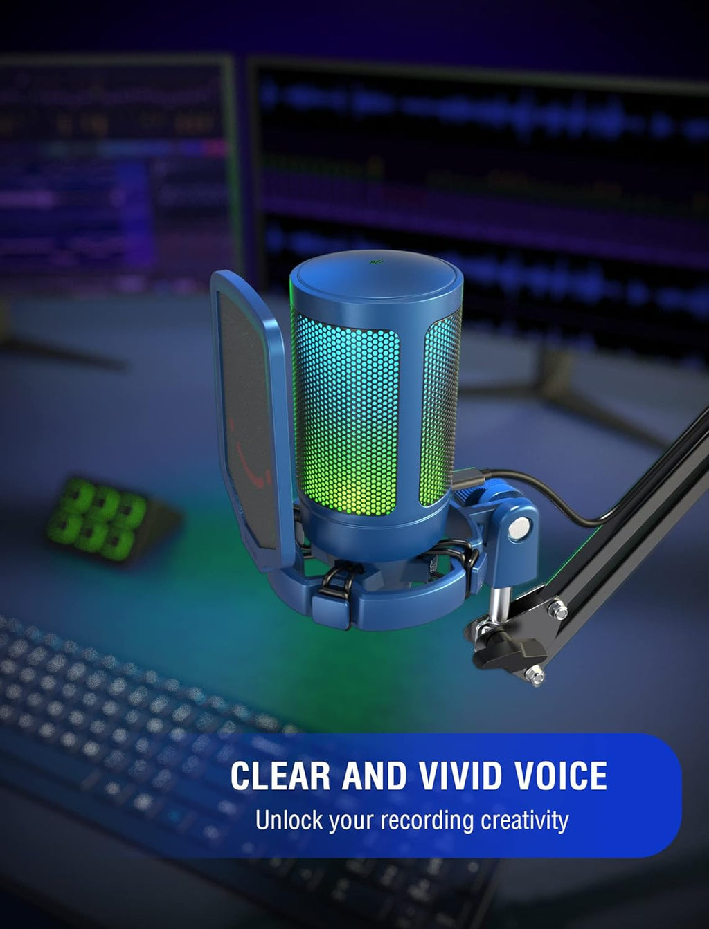 FIFINE Gaming Streaming USB PC Microphone for Mac OS/Windows, AmpliGame Condenser Cardioid Mic with RGB for Video Vocal Recording Twitch Discord, Gamer Computer Mic-Blue