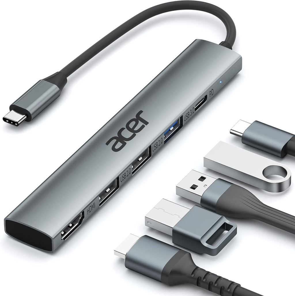 Acer 5 in 1 USB C Hub with 4K HDMI, 100W Power Delivery, 3 USB A Data Ports, USB C to HDMI Multiport Adapter for Laptop, PC, Tablet, MacBook Air, iPad Air, iMac, iPhone 15/16 Pro/Pro Max