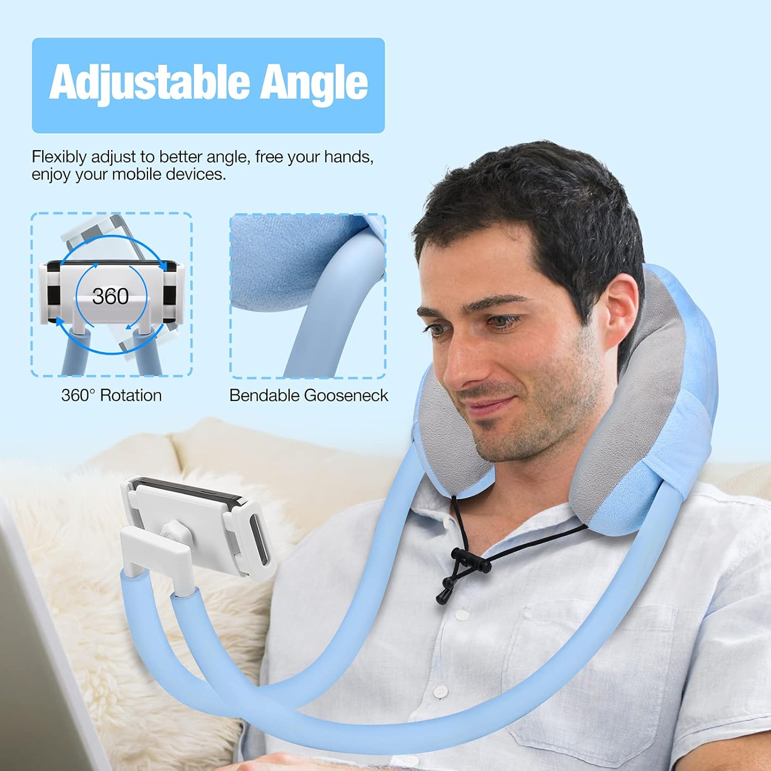 Moko Neck Phone Holder, Lazy Gooseneck Phone Pillow Holder Bracket,360°Rotation Universal Mobile Phone Tablet Stand for 4"-11" Devices, fits iPhone 12/12 Pro Max, Galaxy S21,iPad Air/Pro 11, Blue