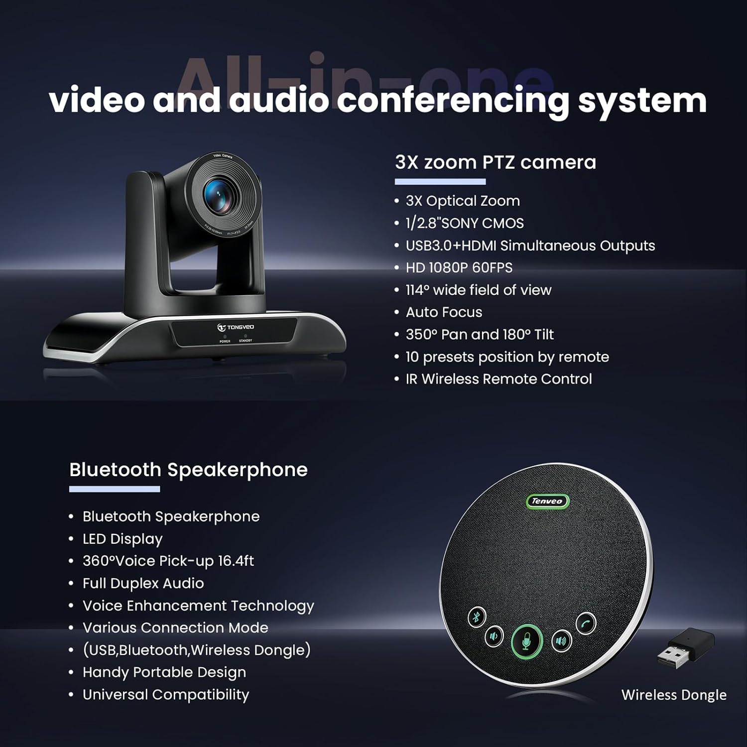 TONGVEO All-in-One Conference Room Video Camera System Bundle HD 1080P 60fps 3X Optical Zoom USB3.0 HDMI PTZ Camera and Bluetooth Conference Speakerphone with Microphones