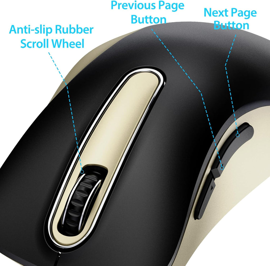 memzuoix 2.4G Wireless Mouse, 1400 DPI Computer Mice with USB Receiver, Portable Wireless USB Battery Powered Cordless Mouse for Laptop, PC, Desktop, 5 Buttons (Black Gold)