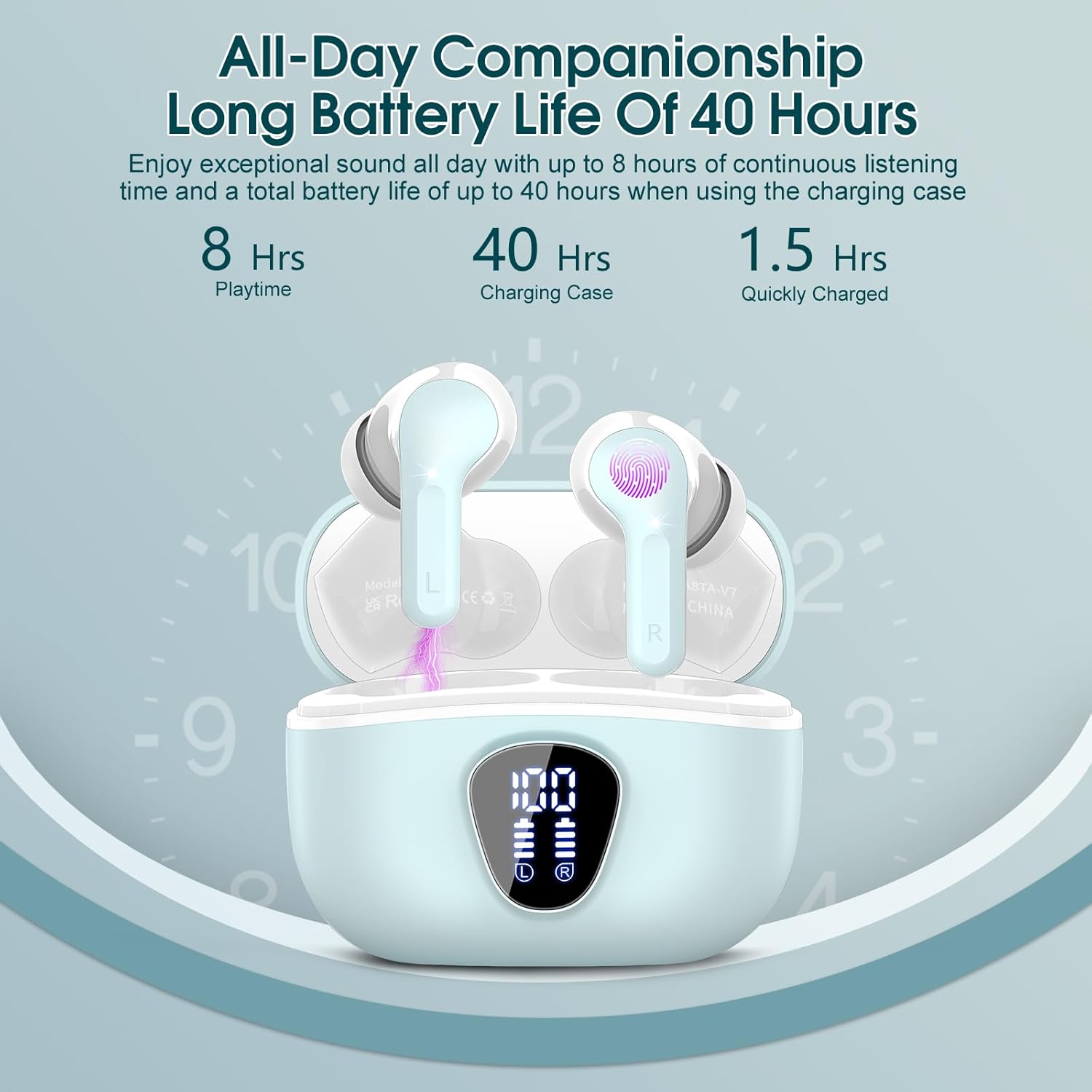 Wireless Earbuds, Bluetooth 5.4 Headphones HiFi Stereo, Bluetooth Earbuds with ENC Noise Cancelling Mic, IP7 Waterproof in Ear Earphones, 48H, LED Display Ear buds for Pad Workout Sports, Azure