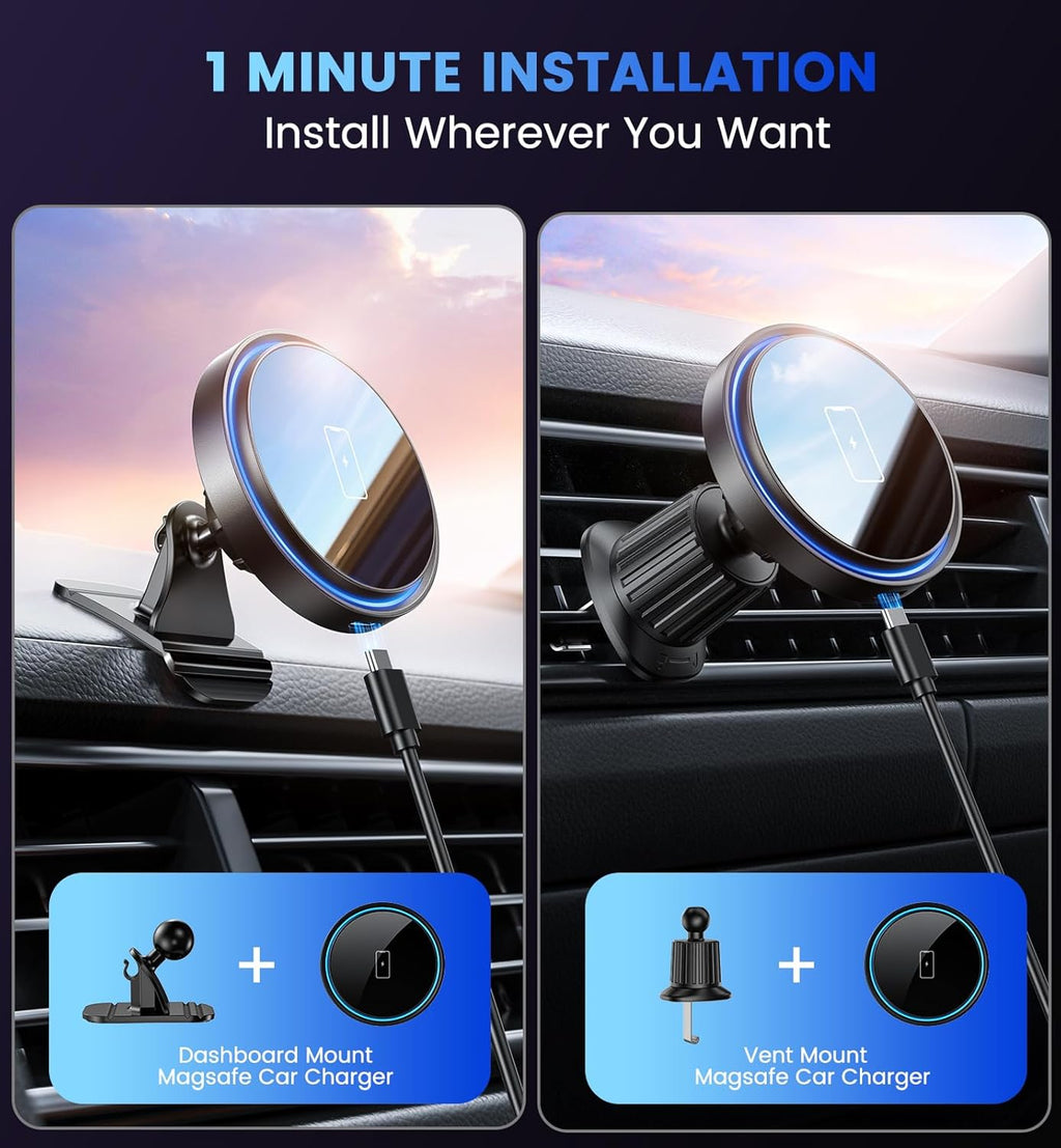 Mag-Safe Car Mount Charger 15W Magnetic Wireless Car Charger for iPhone 16 Accessories Magnetic Phone Holder for Car 3 in 1 Mag Safe car Mount for iPhone16/15/14/13/12 Series Gifts for Men Women