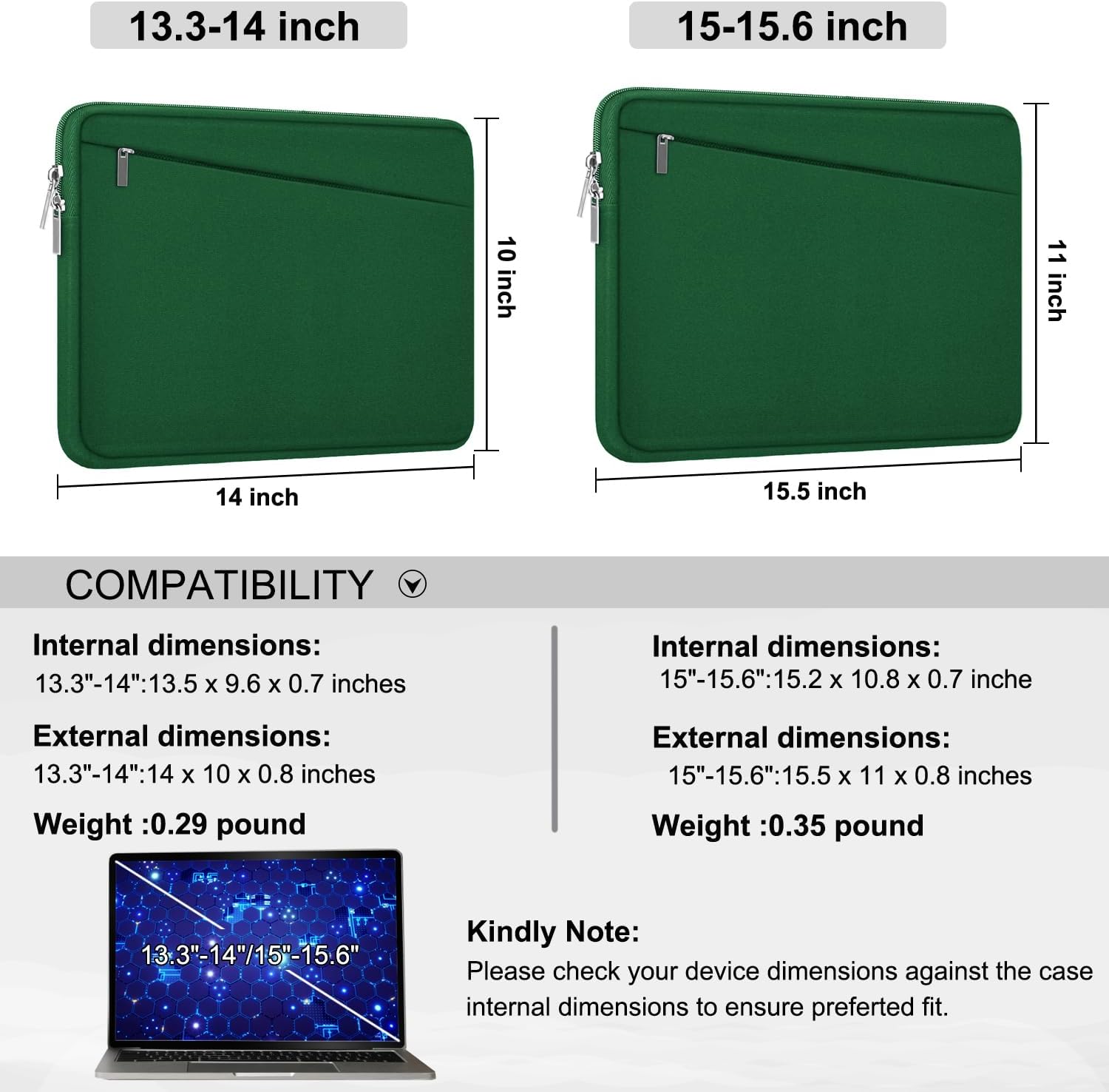 Laptop Sleeve 15.6 inch, Computer Carrying Bag Protective Case Handbag with Front Pocket, Slim Laptop Cover for 15-16 Inch HP, Dell, Lenovo, Asus, Dark Green