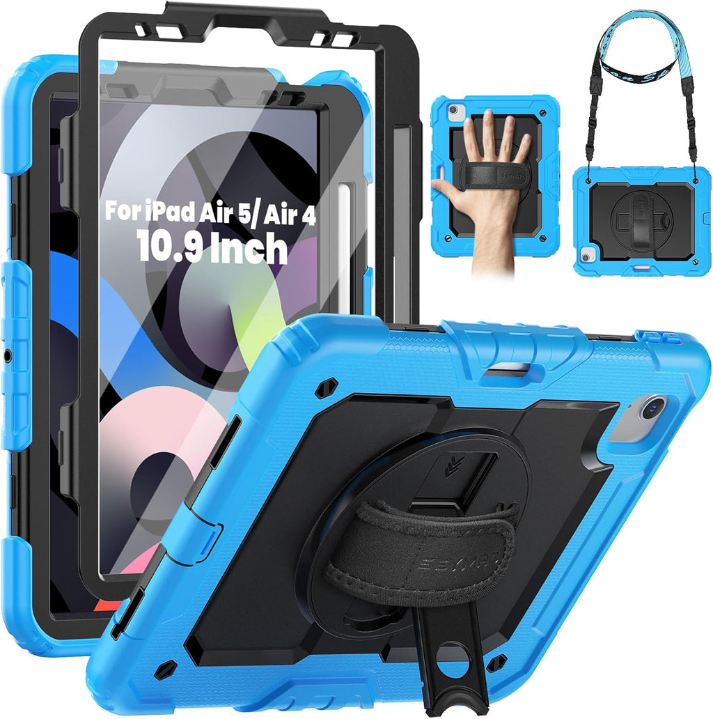 SEYMAC for iPad Air 5th/ 4th Generation Case 10.9", Full-Body Shockproof Protective Case with Screen Protector, Rotating Stand/Handle/Shoulder Strap/Pencil Holder for iPad Air 5/ Air 4, Sky Blue