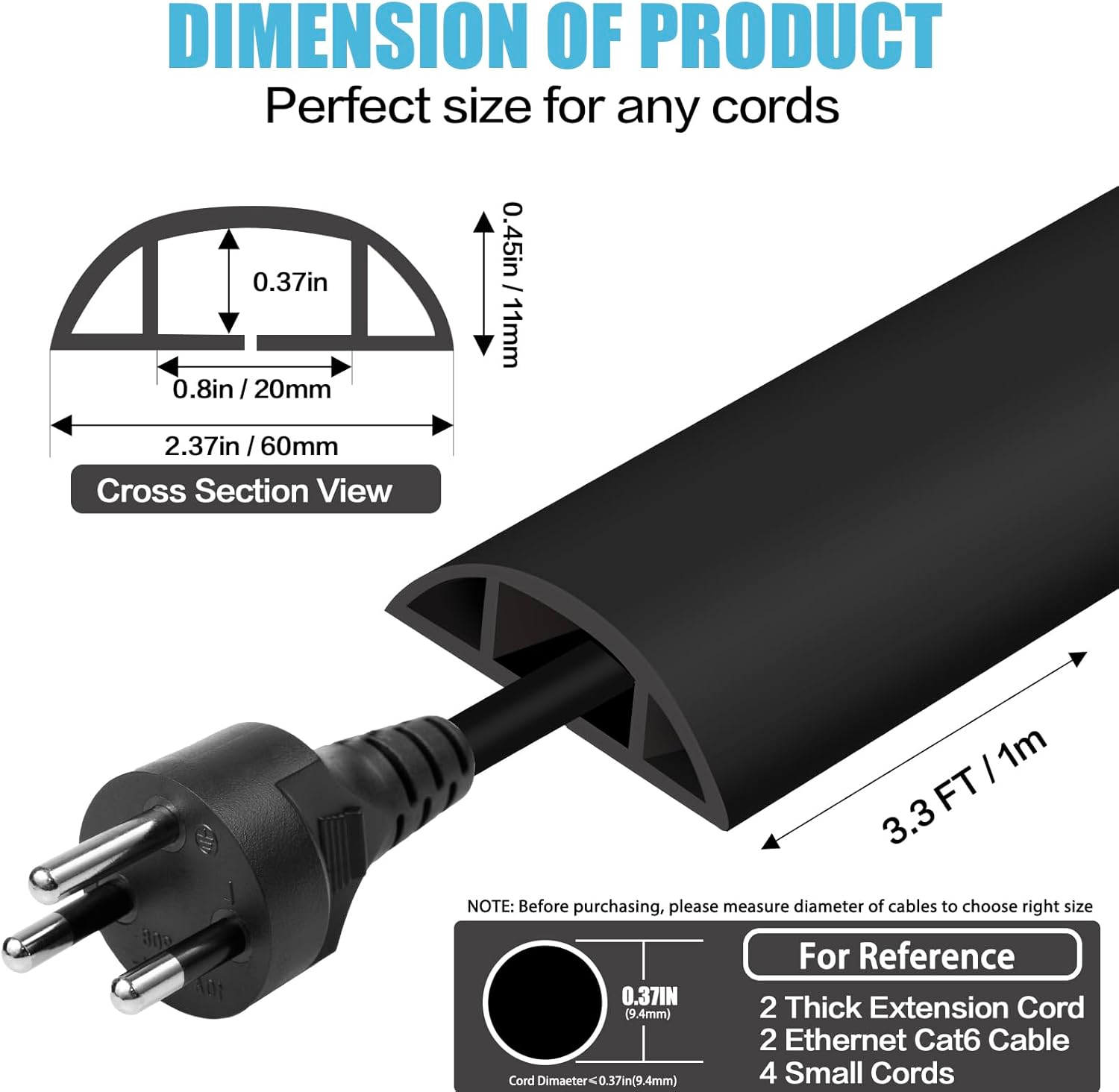 Floor Cord Cover Cavity 0.8"x0.37" Self Adhesive Cord Hider, 3.3FT Low Profile Cable Management, Extension Strip Protector for Wires, Prevent Cable Trips for Offices, Gyms, Exhibitions (Black)