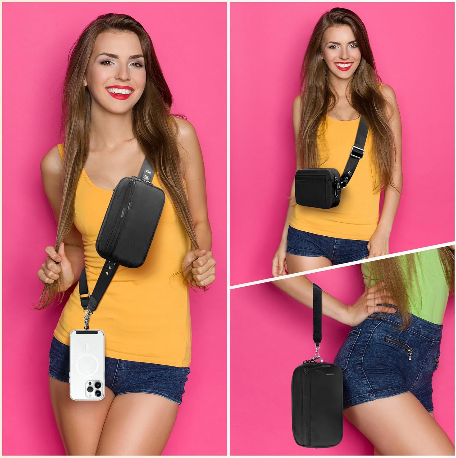 Clip and Go Strap for Phone with Wallet Crossbody, Adjustable Phone Lanyard with Detachable RFID Wristlet Wallet, Black (L)