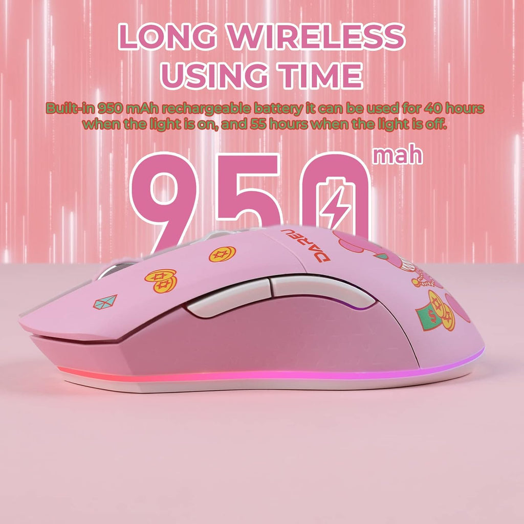 DAREU Pink Wireless Wired Gaming Mouse, Dual-Mode Rechargeable 7 Programmable Buttons,10K DPI,RGB and 7 Adjustable DPI Levels up to [150IPS] [1000Hz] for PC Notebook Mac(Lucky Bear)