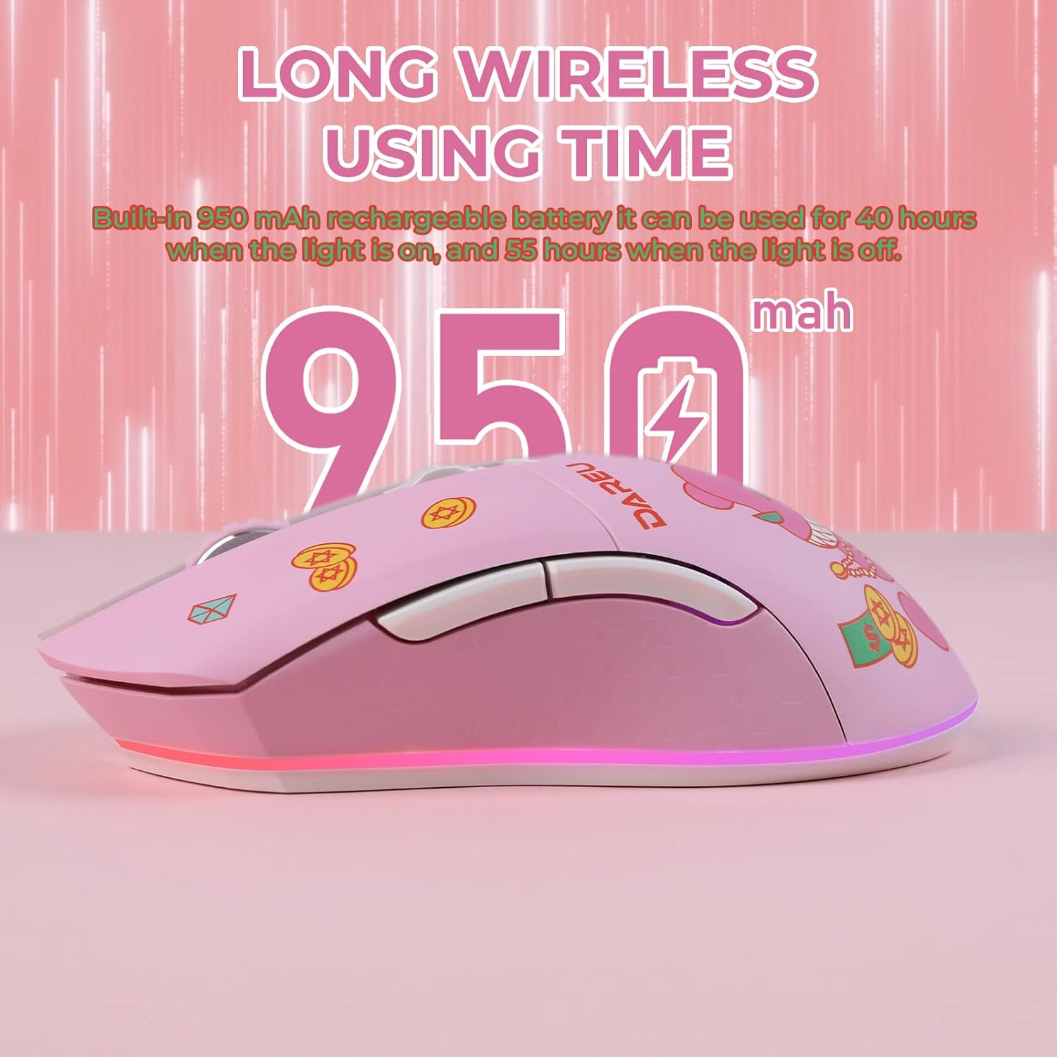 DAREU Pink Wireless Wired Gaming Mouse, Dual-Mode Rechargeable 7 Programmable Buttons,10K DPI,RGB and 7 Adjustable DPI Levels up to [150IPS] [1000Hz] for PC Notebook Mac(Lucky Bear)
