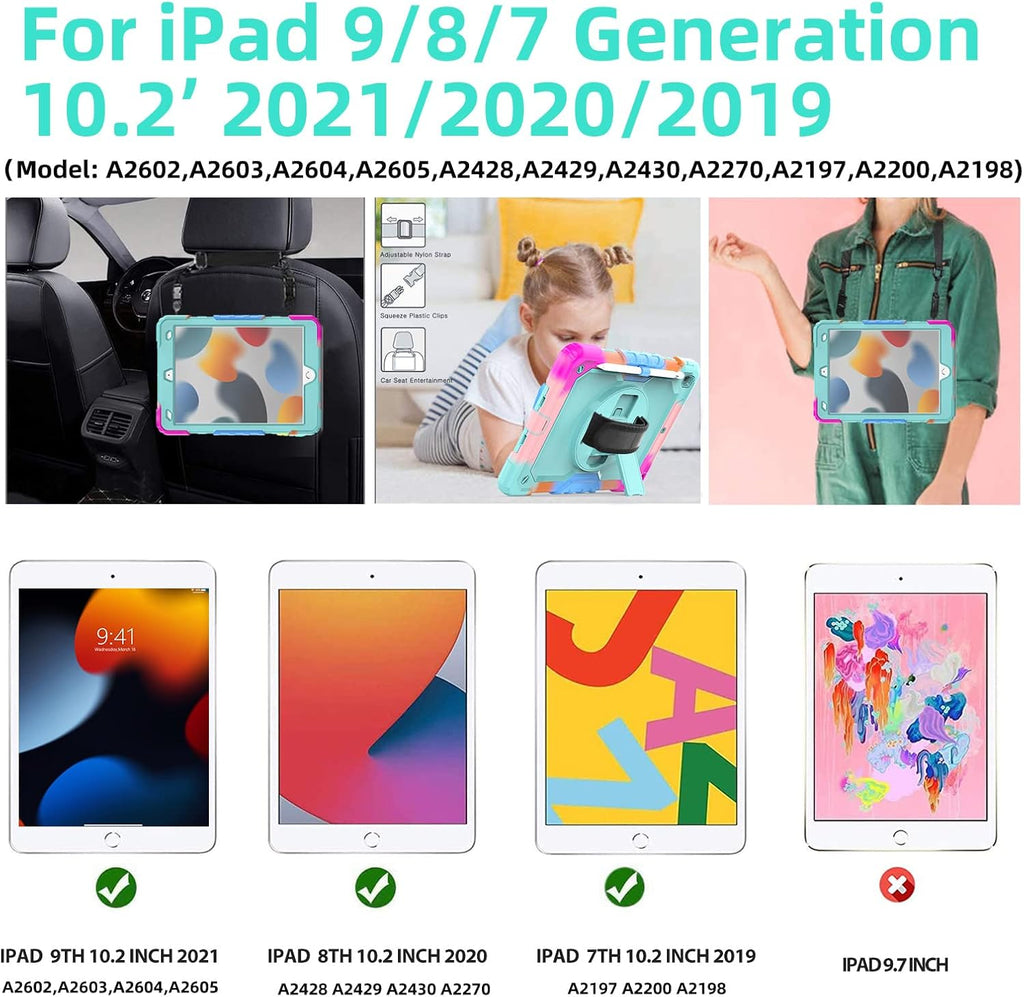 BLOSOMEET iPad Case for 9th Gen 10.2 inch 2021/2020 for Kids with Tempered Glass Screen Protector | iPad 8th/7th Generation Case Cover 2019 w/Stand Pen Holder & Hand Shoulder Strap |Turquoise