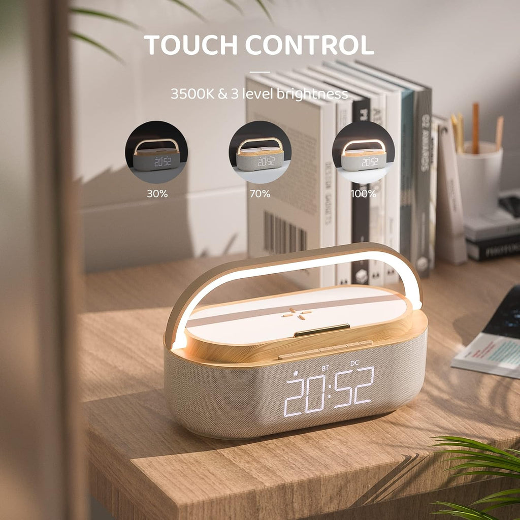 Bluetooth Speaker Alarm Clock with Wireless Charger, FM Radio, Adjustable LED Night Light, 6 in 1 Bedroom Portable Speaker 2500mAh, Phone Stand for Bedside, Home, Office, Gift