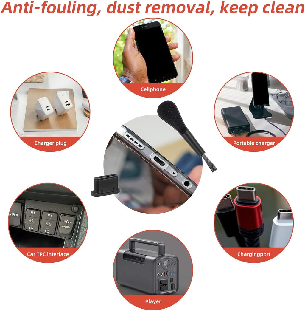 20 PCS USB C Dust Plug, Black Silicone Type C Anti Dust Plugs with Cleaning Brush Cover Type C Port Protector Cap Charging Port Dust Plug Cover for Most Type C Mobile Phone Tablet Accessories