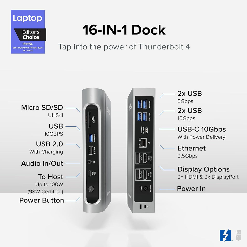 Plugable 16-in-1 Thunderbolt 4 Dock – Dual 4K Monitors for M4 MacBook Air/Pro, 100W Charging, 2X HDMI, 2X DisplayPort, 2.5G Ethernet, 7X USB, MicroSD/SD Card Reader, Audio, Windows & USB4 Compatible