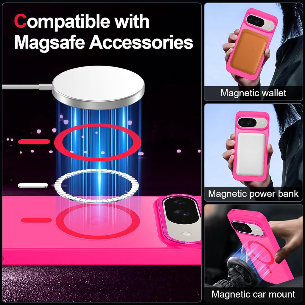 Magnetic for Google Pixel 9/Pixel 9 Pro Case, [Military Grade Drop Protection] [Compatible with MagSafe] Shockproof Slim Translucent Matte Anti-Slip for Women Girls Men Case, Hot Pink